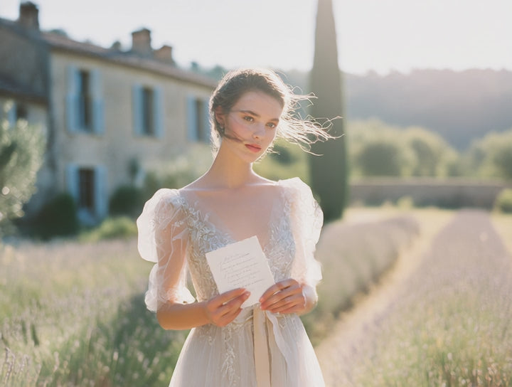 Load video: Elegant bride in Provence holding a delicate fine-art wedding invitation with a custom wedding monogram