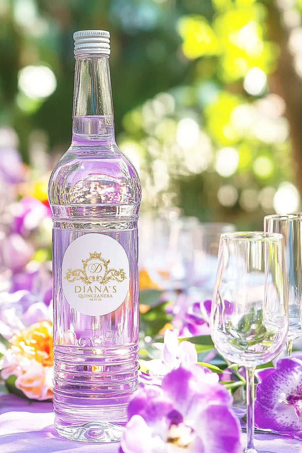quinceañera logo design, water bottle mockup demonstrating how the logo appears on sweet sixteen party favors