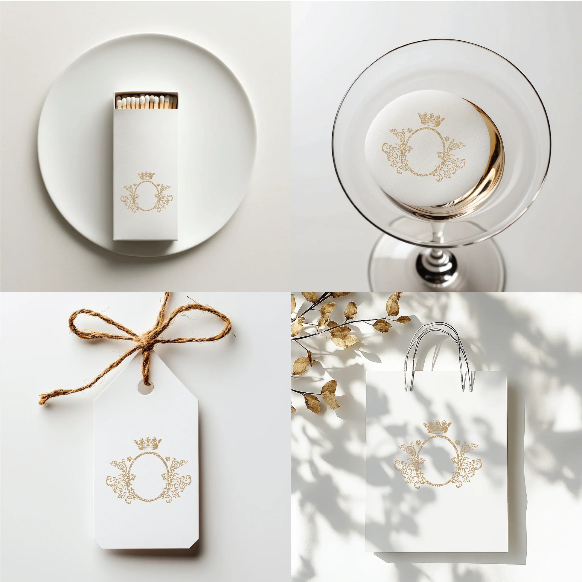 Royal crown crest logo used on matchbox, cocktail coaster, gift tag, and paper bag — elegant baroque wedding branding in vintage gold for luxury packaging