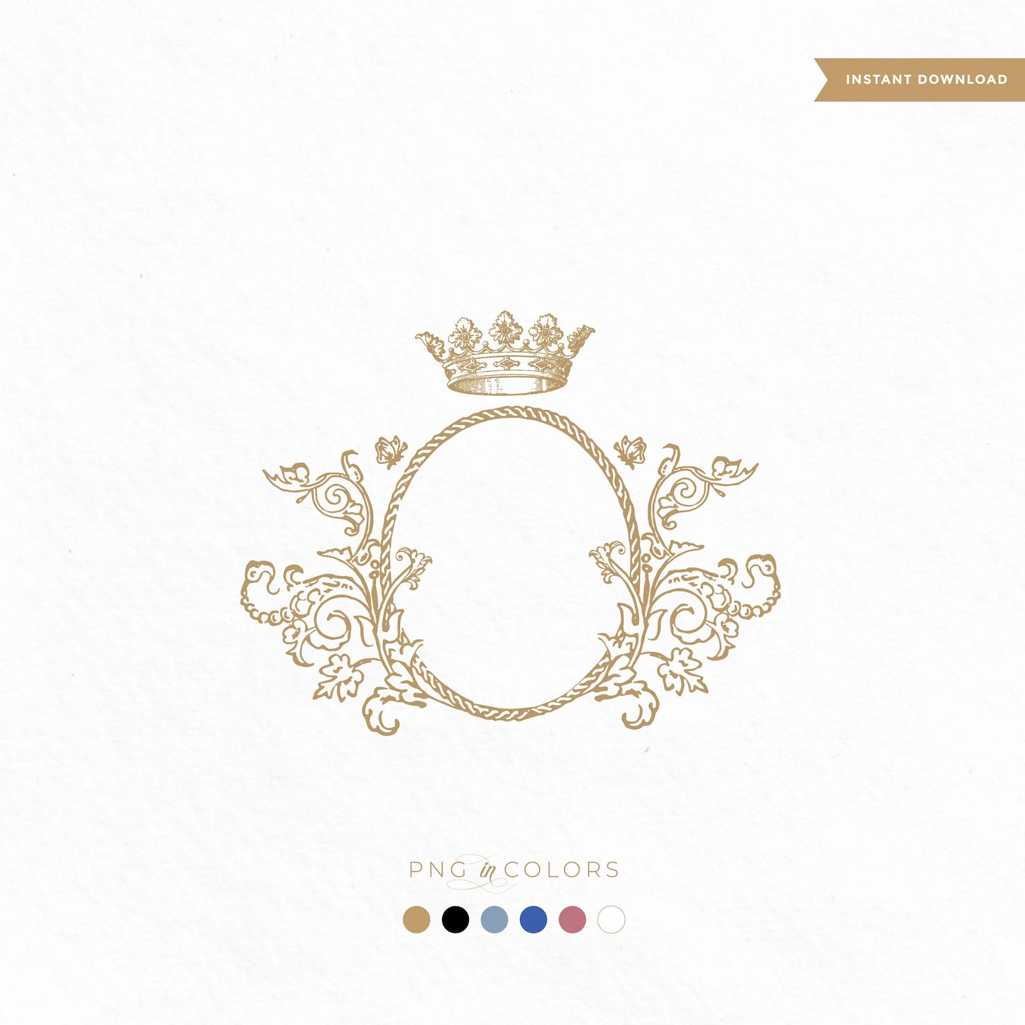 Editable royal wedding crest with crown and ornate botanical scrollwork in gold — includes 6 PNG colors and SVG for invitations, foil printing, and monograms