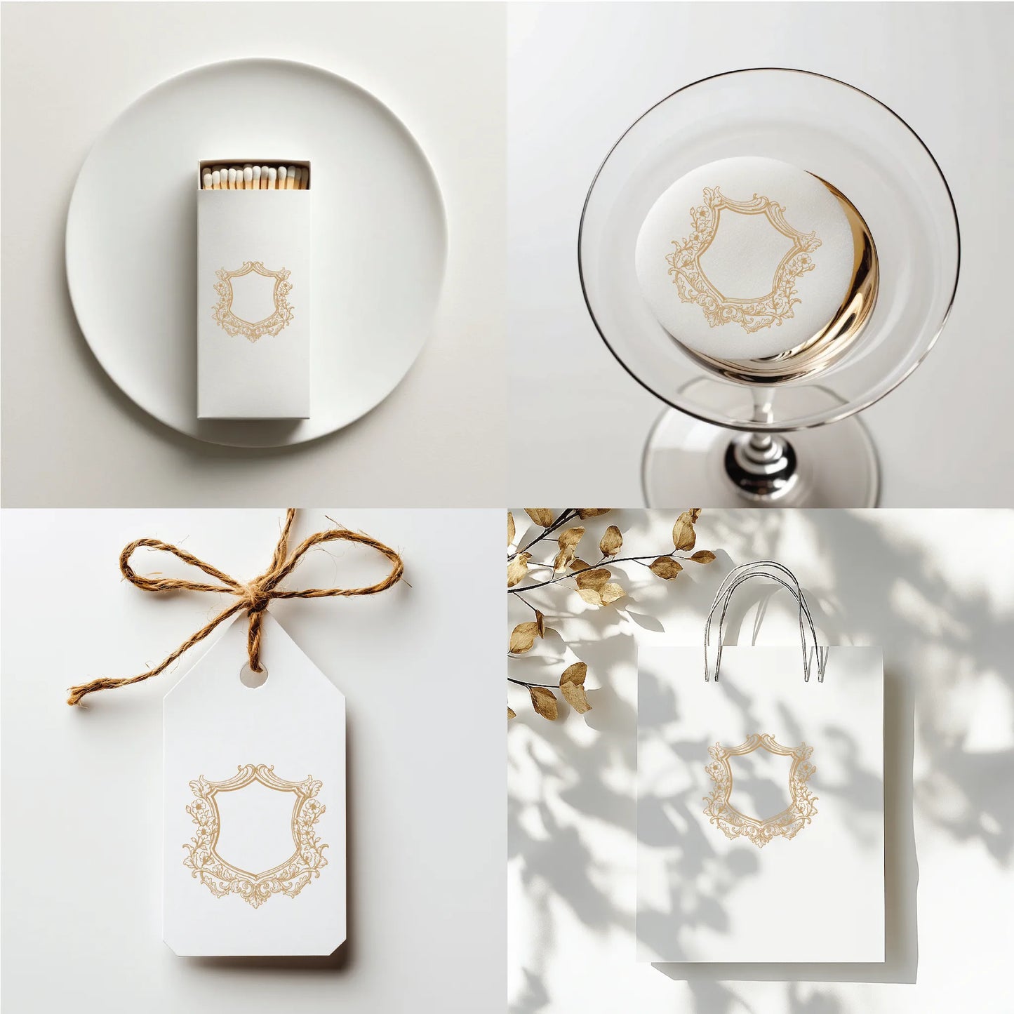 Fine art wedding logo with baroque floral crest printed on matches, cocktail glass, gift tag, and shopping bag. Perfect for luxury wedding details.