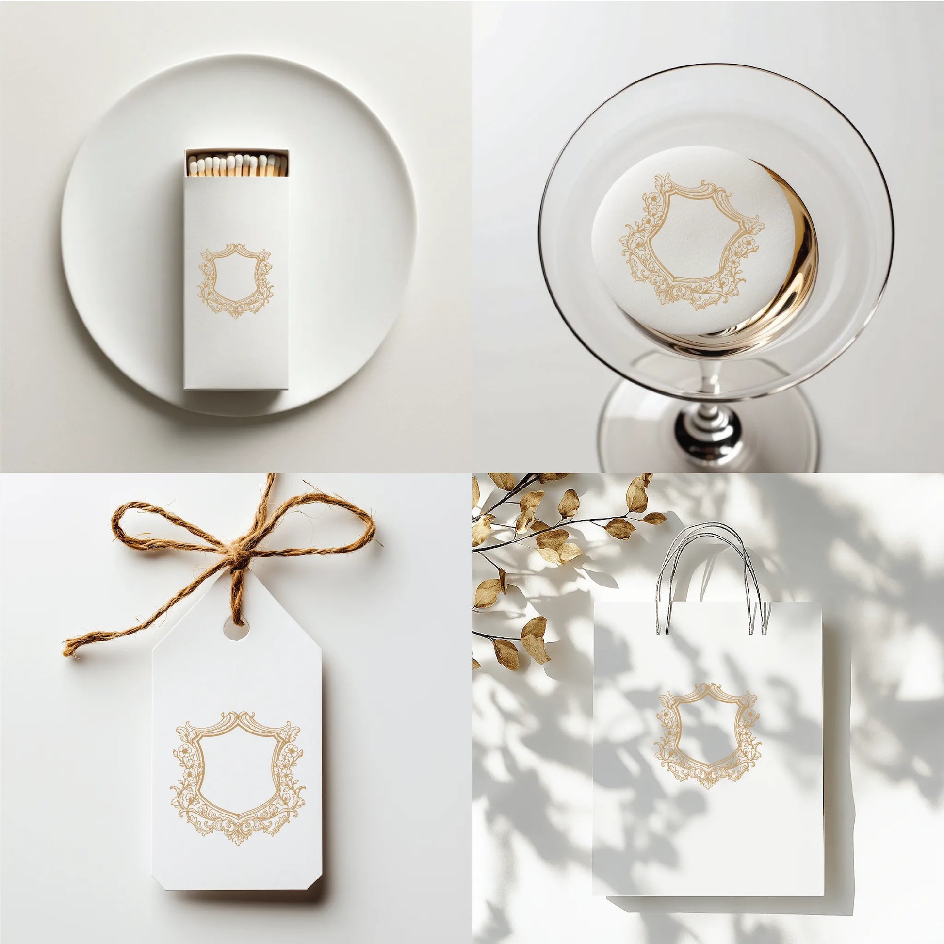 Fine art wedding logo with baroque floral crest printed on matches, cocktail glass, gift tag, and shopping bag. Perfect for luxury wedding details.