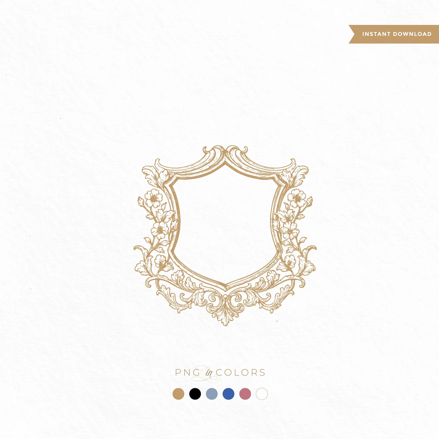 Romantic vintage floral crest with ornate scrolls and delicate flowers. Blank monogram logo in gold for invitations, packaging, and branding.
