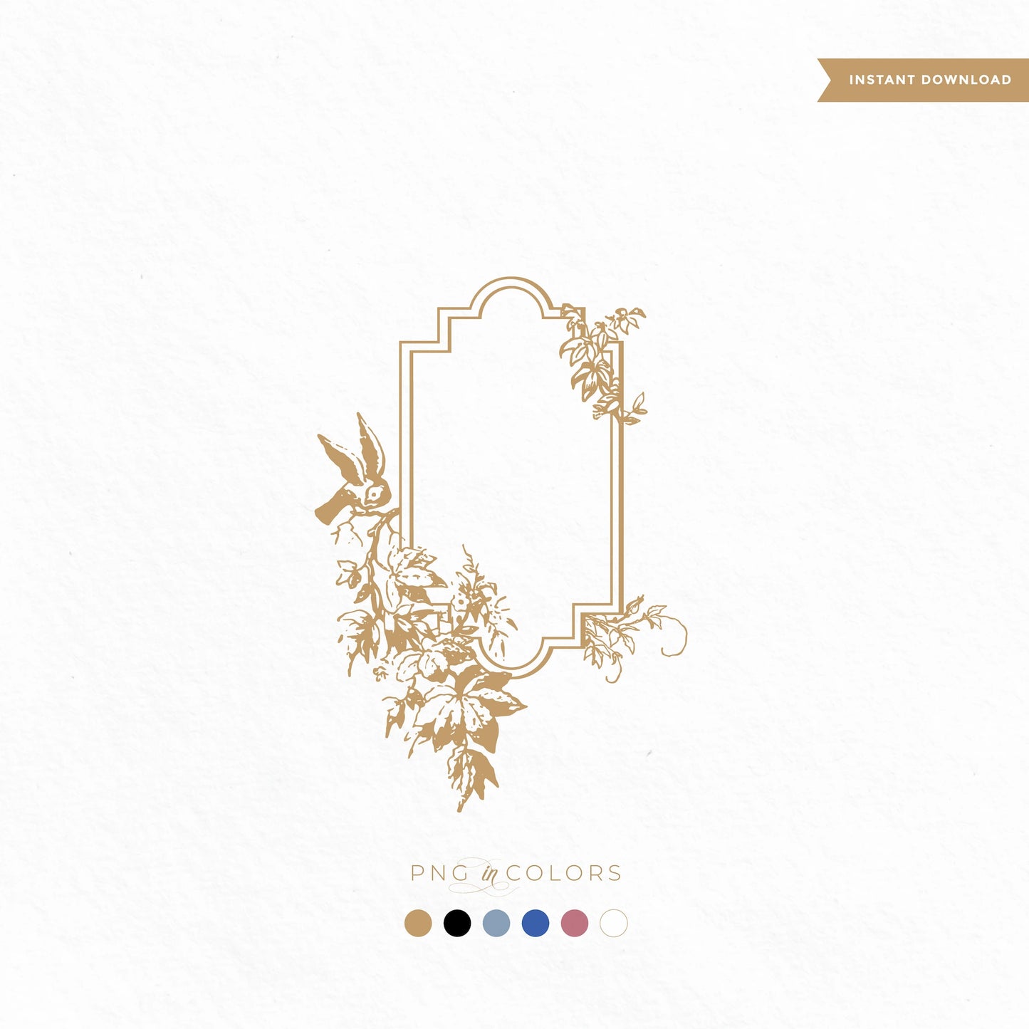 Vintage wedding crest with bird and botanical frame in gold – romantic SVG logo for monogram invitations, labels, and elegant keepsakes
