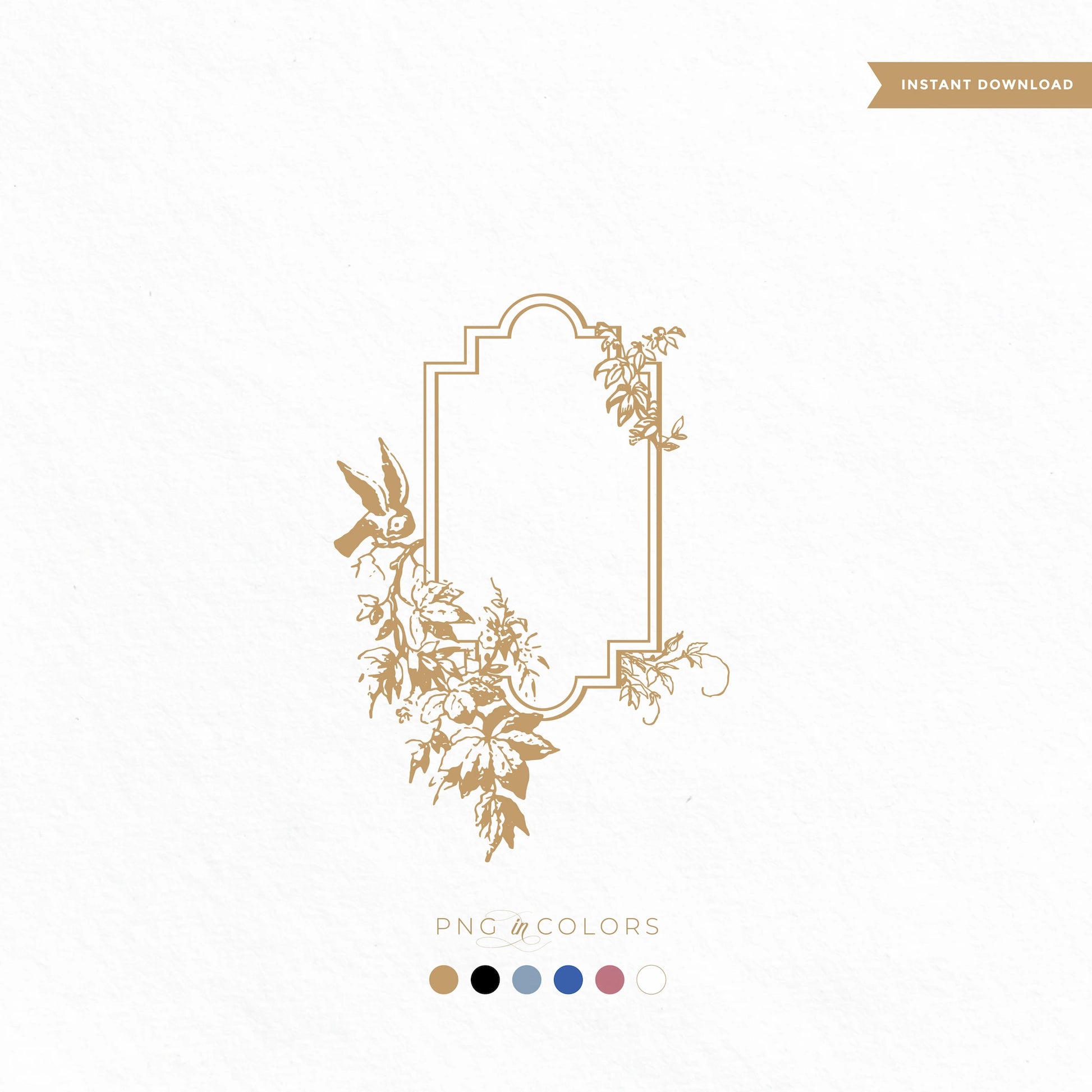 Vintage wedding crest with bird and botanical frame in gold – romantic SVG logo for monogram invitations, labels, and elegant keepsakes
