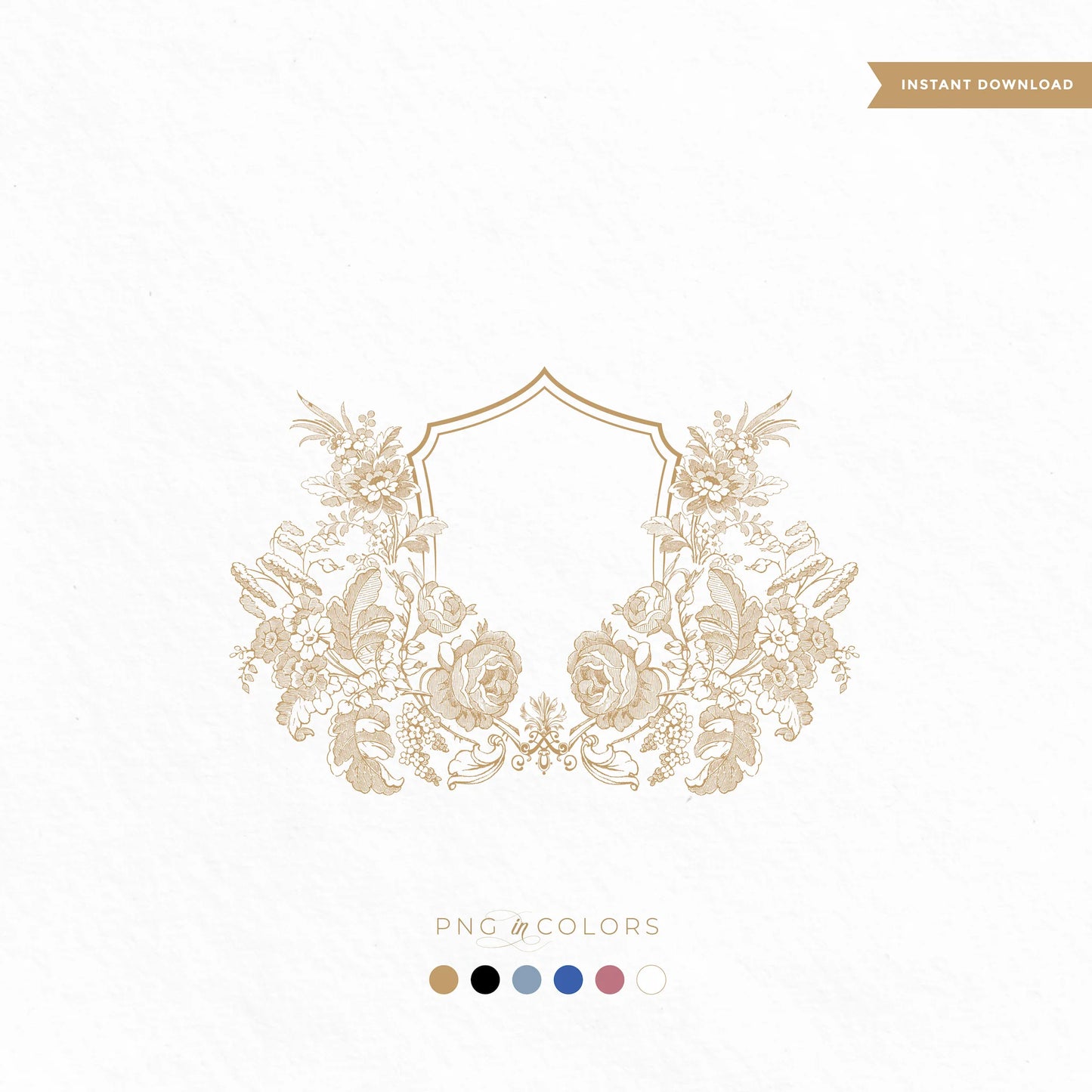 Close-up of detailed rose wedding crest monogram in gold – digital download logo template in PNG SVG by Linvitinstant