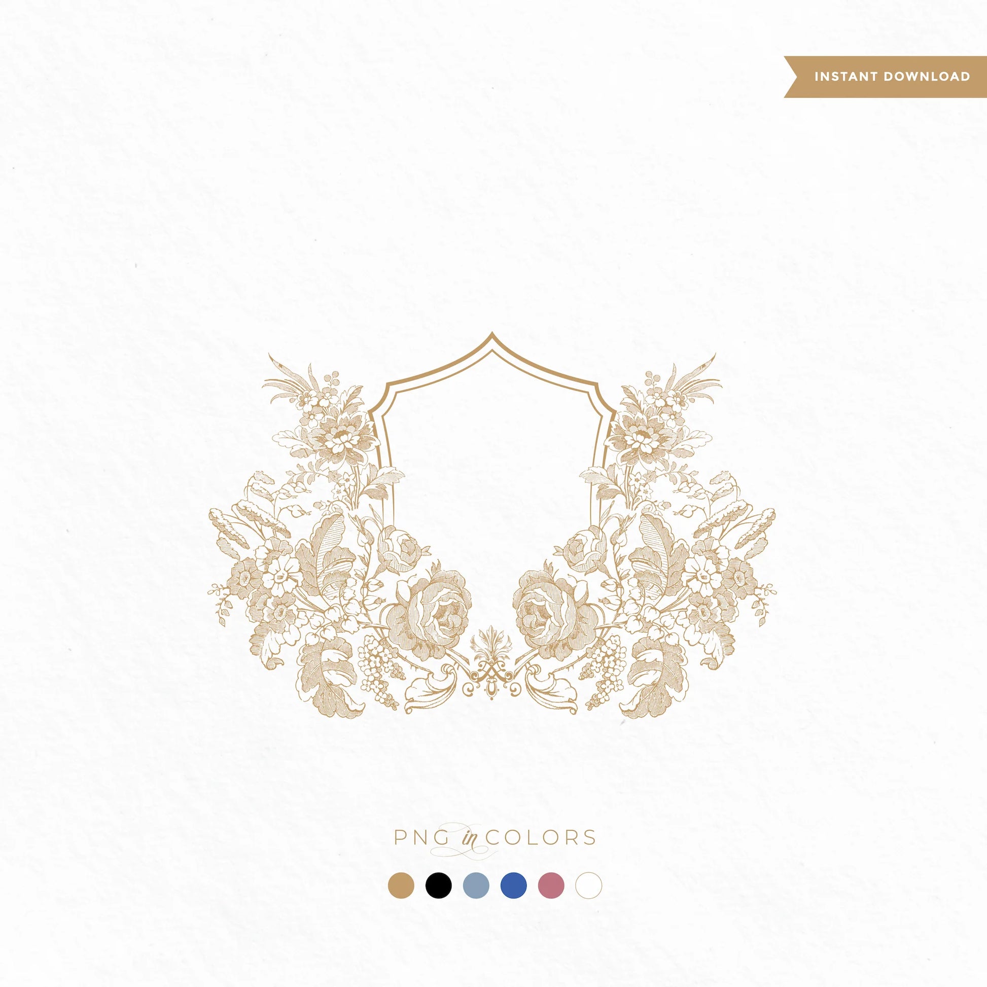 Close-up of detailed rose wedding crest monogram in gold – digital download logo template in PNG SVG by Linvitinstant