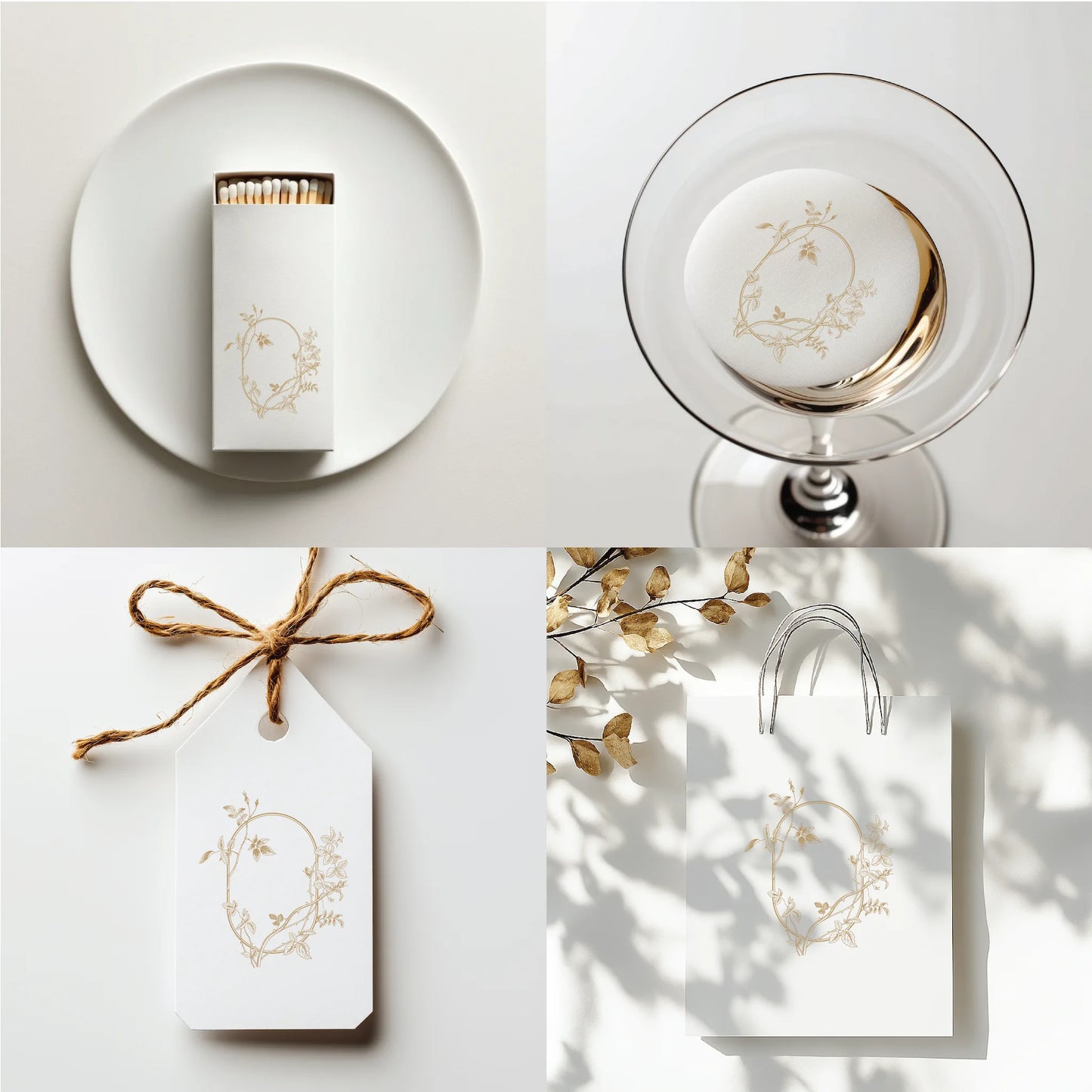 Luxury rose floral wedding monogram on matchbox, cocktail stirrer, gift tag, and boutique bag — perfect for elegant fine art weddings by LinvitInstant.