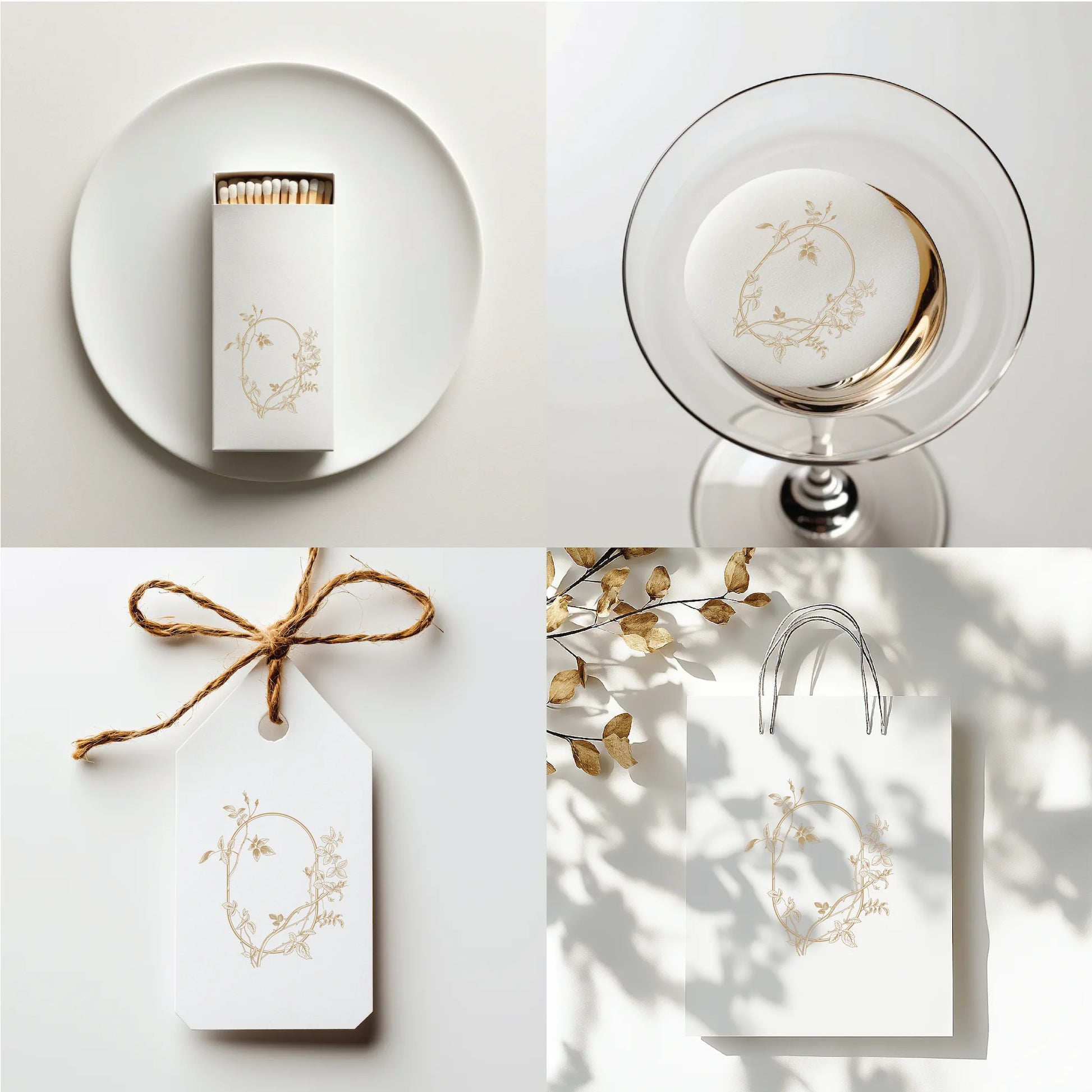 Luxury rose floral wedding monogram on matchbox, cocktail stirrer, gift tag, and boutique bag — perfect for elegant fine art weddings by LinvitInstant.