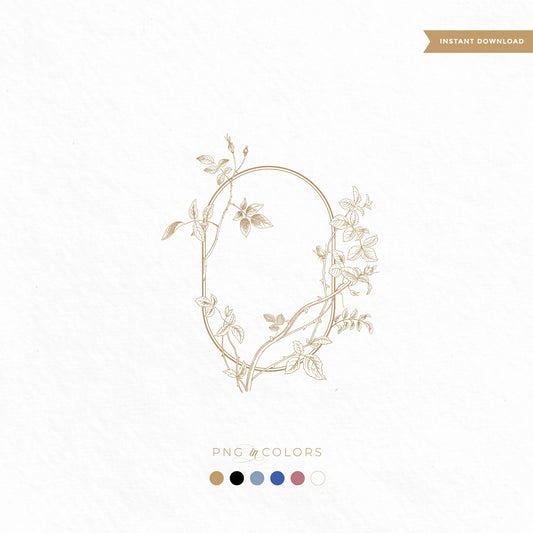 Delicate gold rose floral monogram crest in oval frame on handmade cotton paper — fine art wedding logo PNG in 6 elegant colors by LinvitInstant.