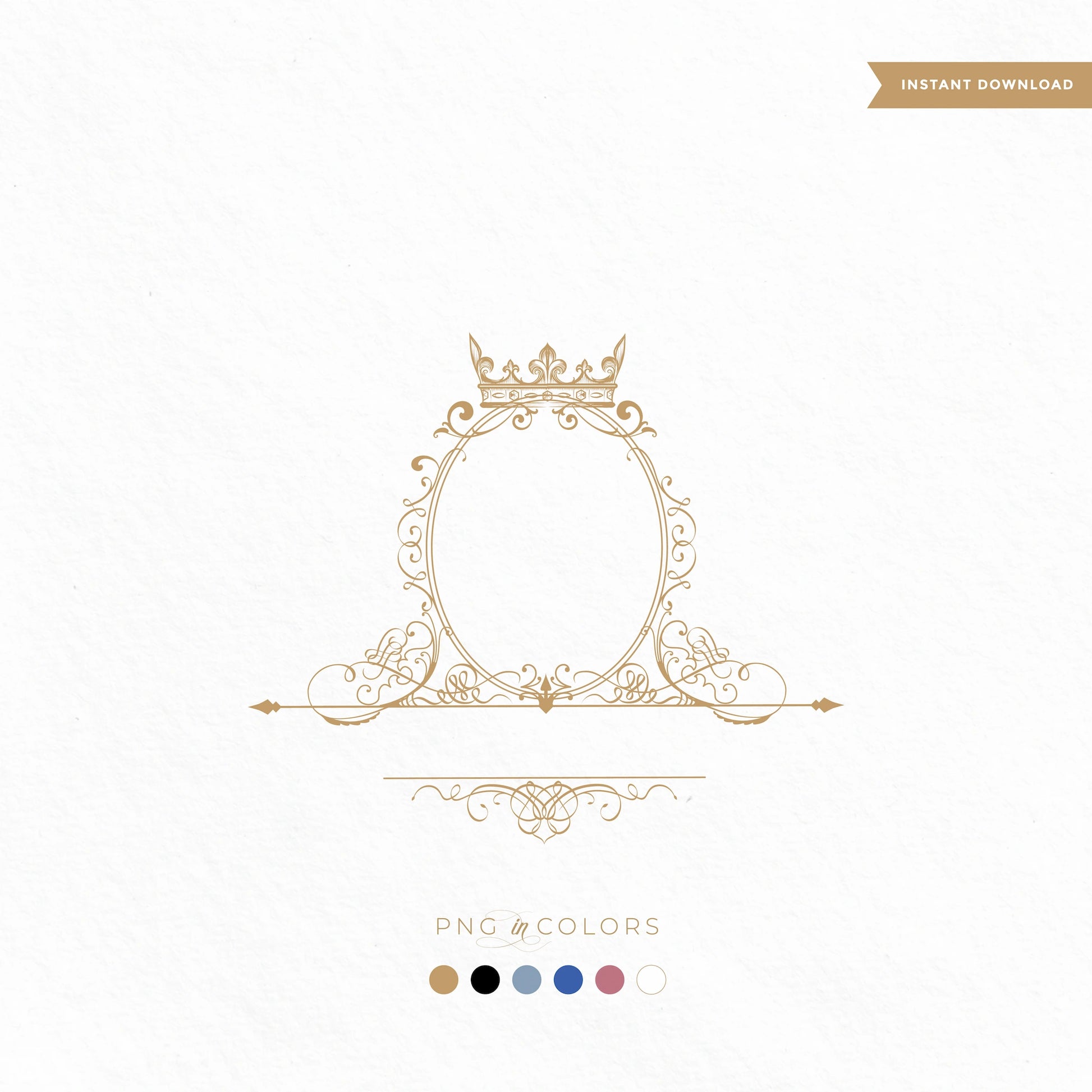 Editable royal line art crest with crown and scroll filigree in gold, shown in multiple PNG colors for luxury event branding.