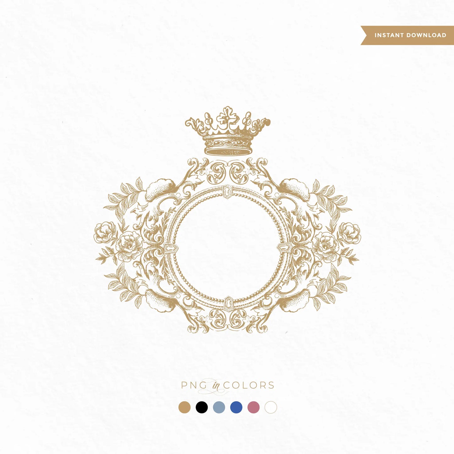 Intricate vintage wedding logo crest with royal crown, ornate scrolls, and peony flowers — gold fine art PNG and SVG in 6 colors by linvitinstant

