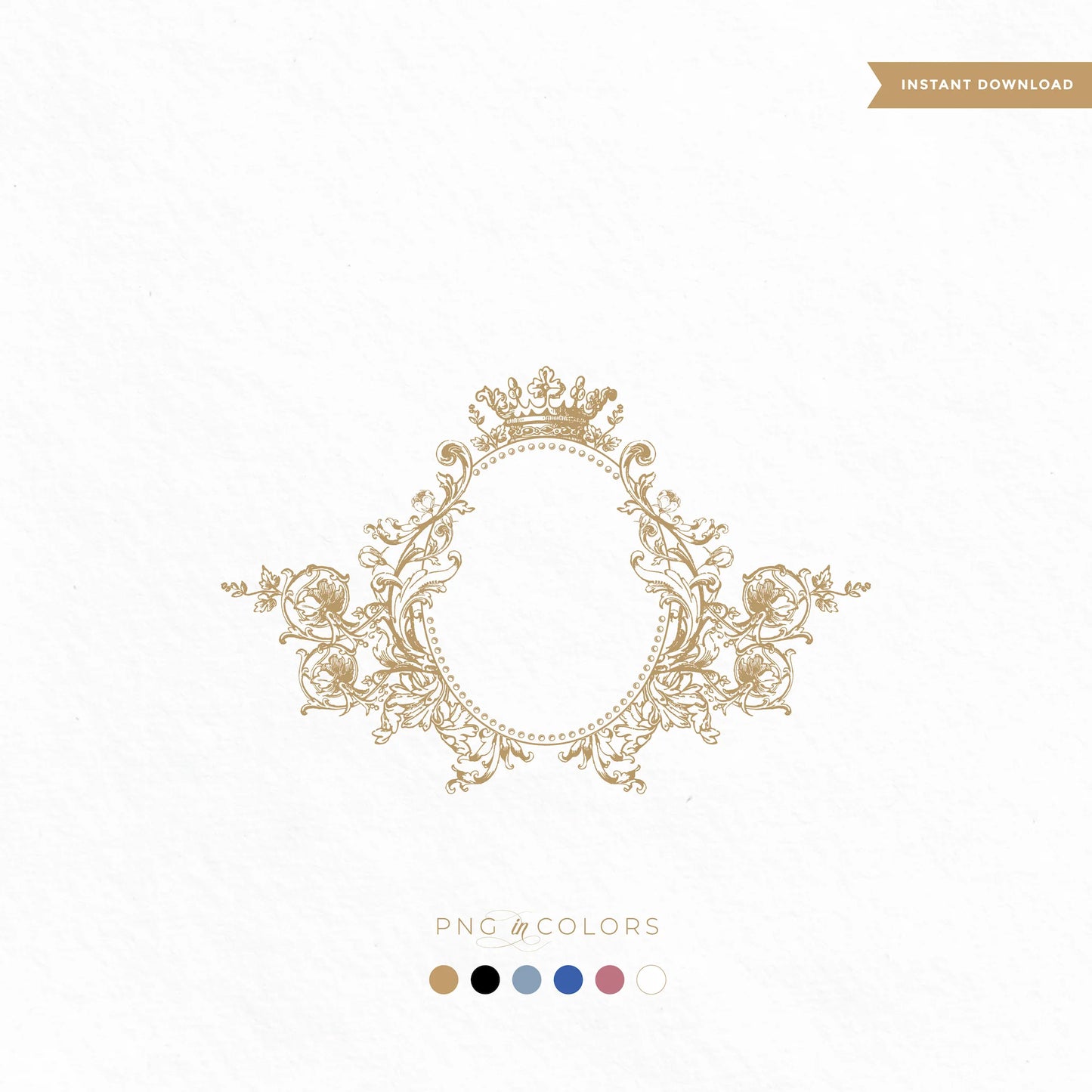 Elegant vintage gold wedding crest with crown on favor box, drink topper, gift tag, and shopping bag – royal wedding logo for fine art stationery by LinvitInstant