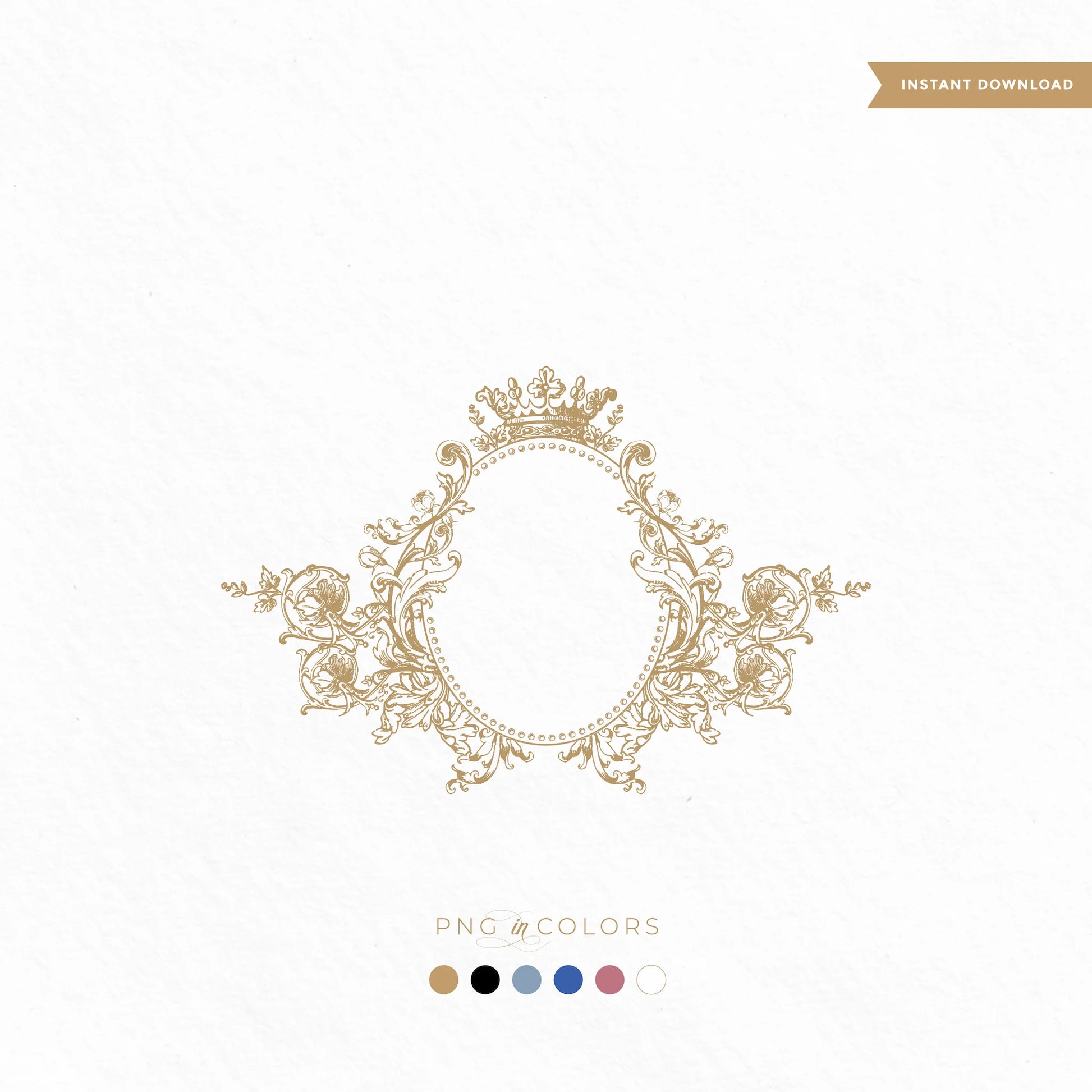 Elegant vintage gold wedding crest with crown on favor box, drink topper, gift tag, and shopping bag – royal wedding logo for fine art stationery by LinvitInstant