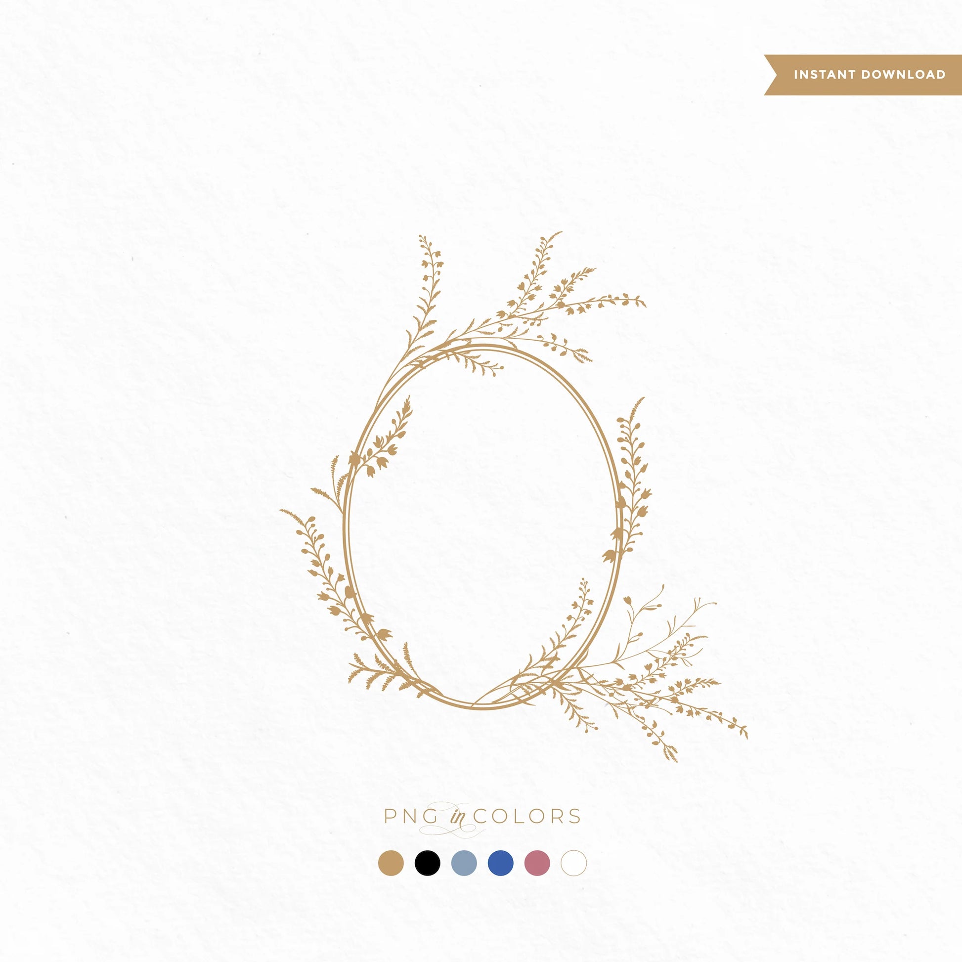 Editable spring summer floral wreath logo – botanical wedding monogram in oval shape with wildflowers, available in 6 PNG colors and SVG format