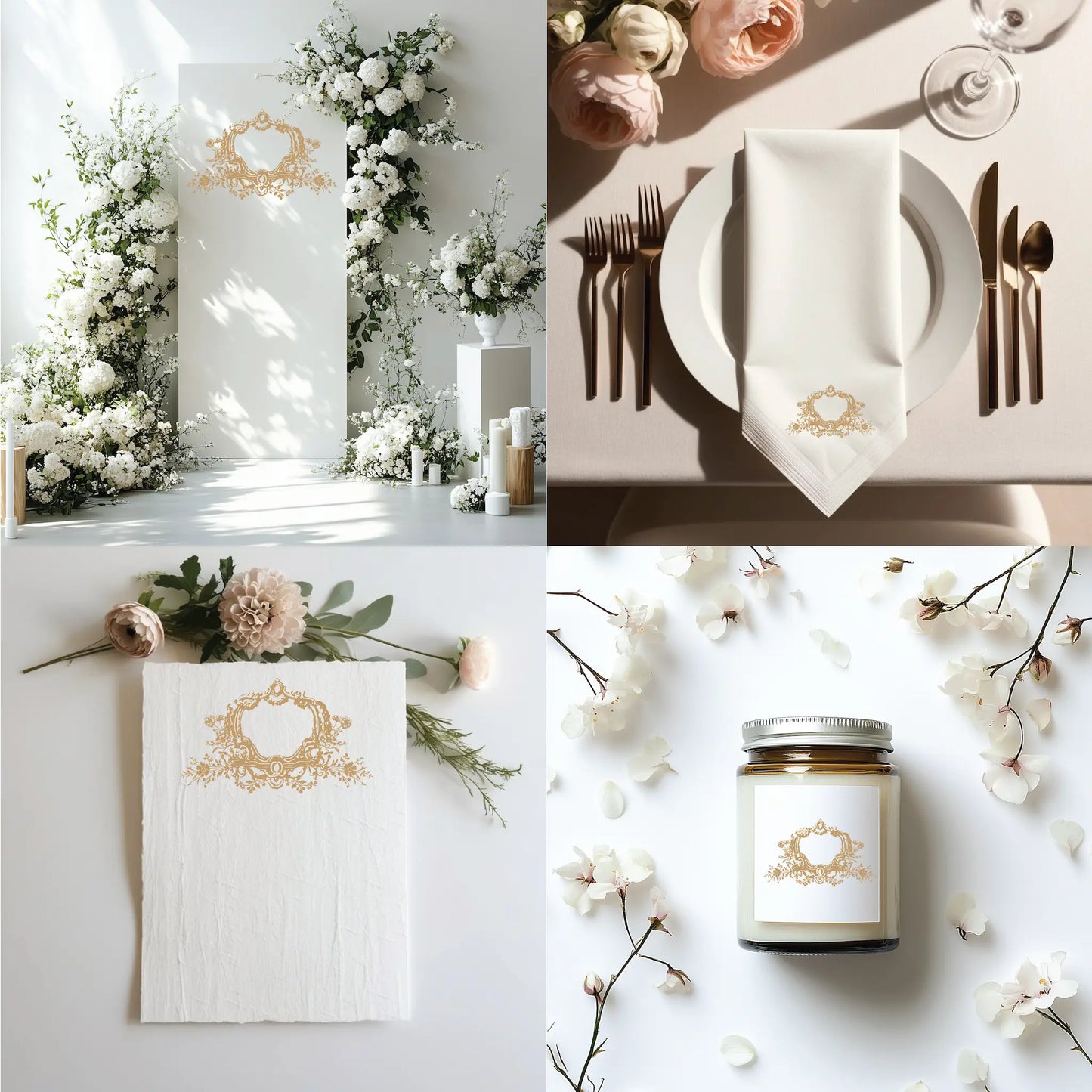 Timeless floral wedding monogram crest in vintage style, displayed on signage, napkins, handmade paper, and candle favors for SVG download

