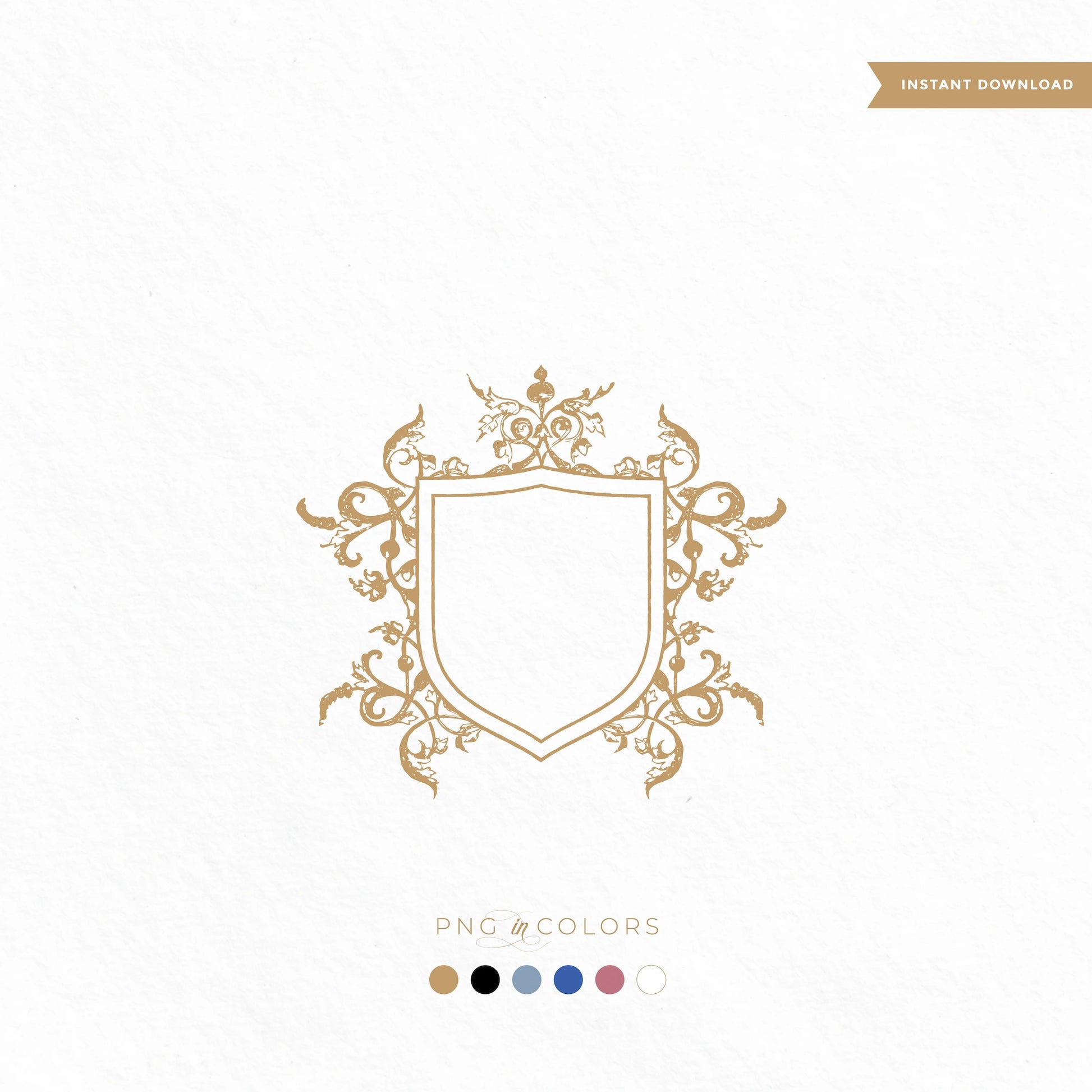 Timeless vintage wedding logo crest SVG with ornamental baroque flourishes in gold line art, centered on white background, ideal for digital and print use.