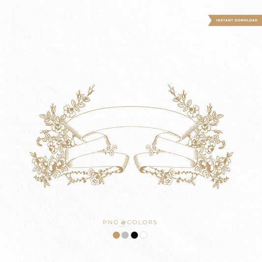 Hand-drawn ribbon crest with floral accents and vintage engraving, editable wedding monogram available in 4 PNG colors for artisan design use