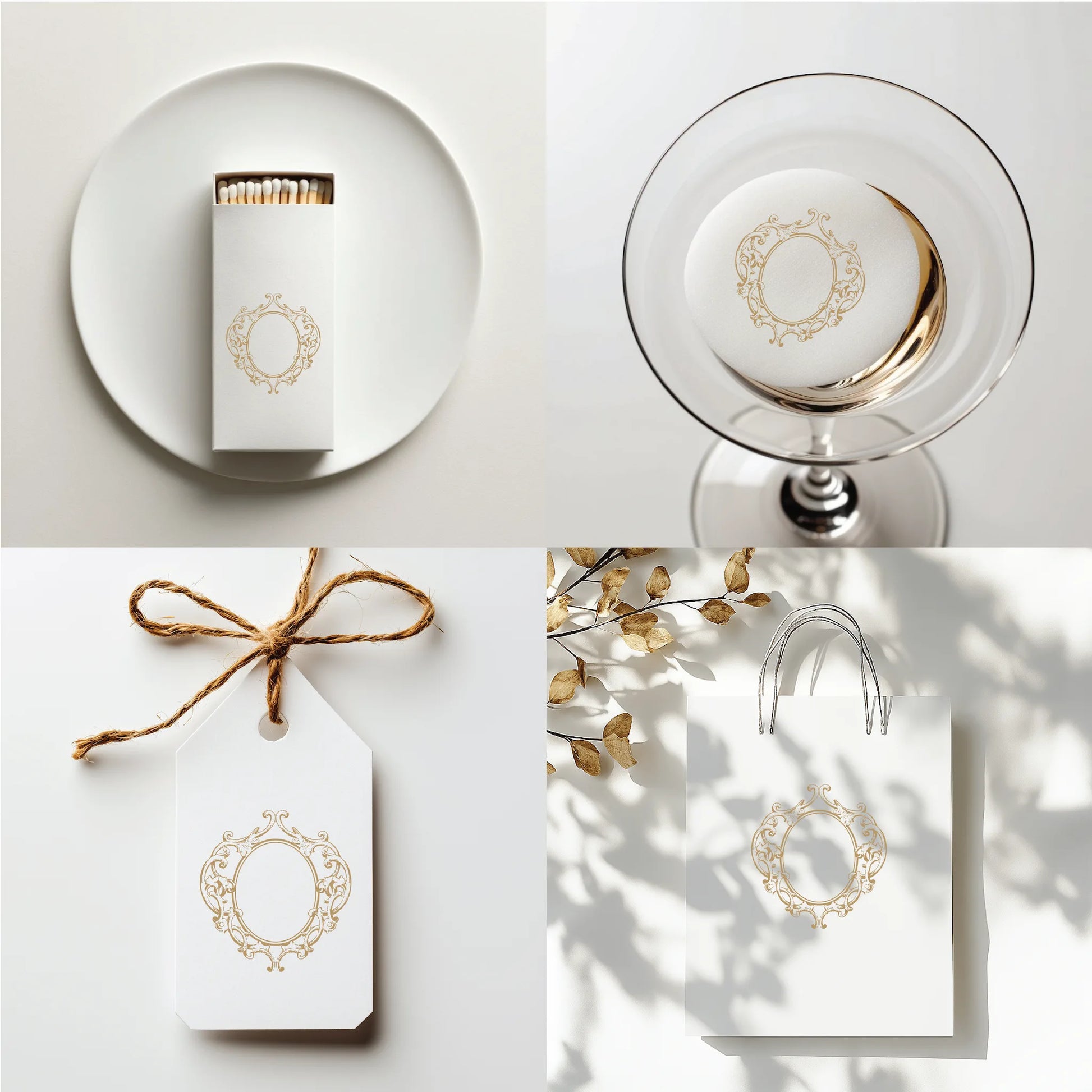 Antique-inspired wedding crest in gold used on matchbox, glass coaster, favor tag, and gift bag for artisanal luxury wedding branding