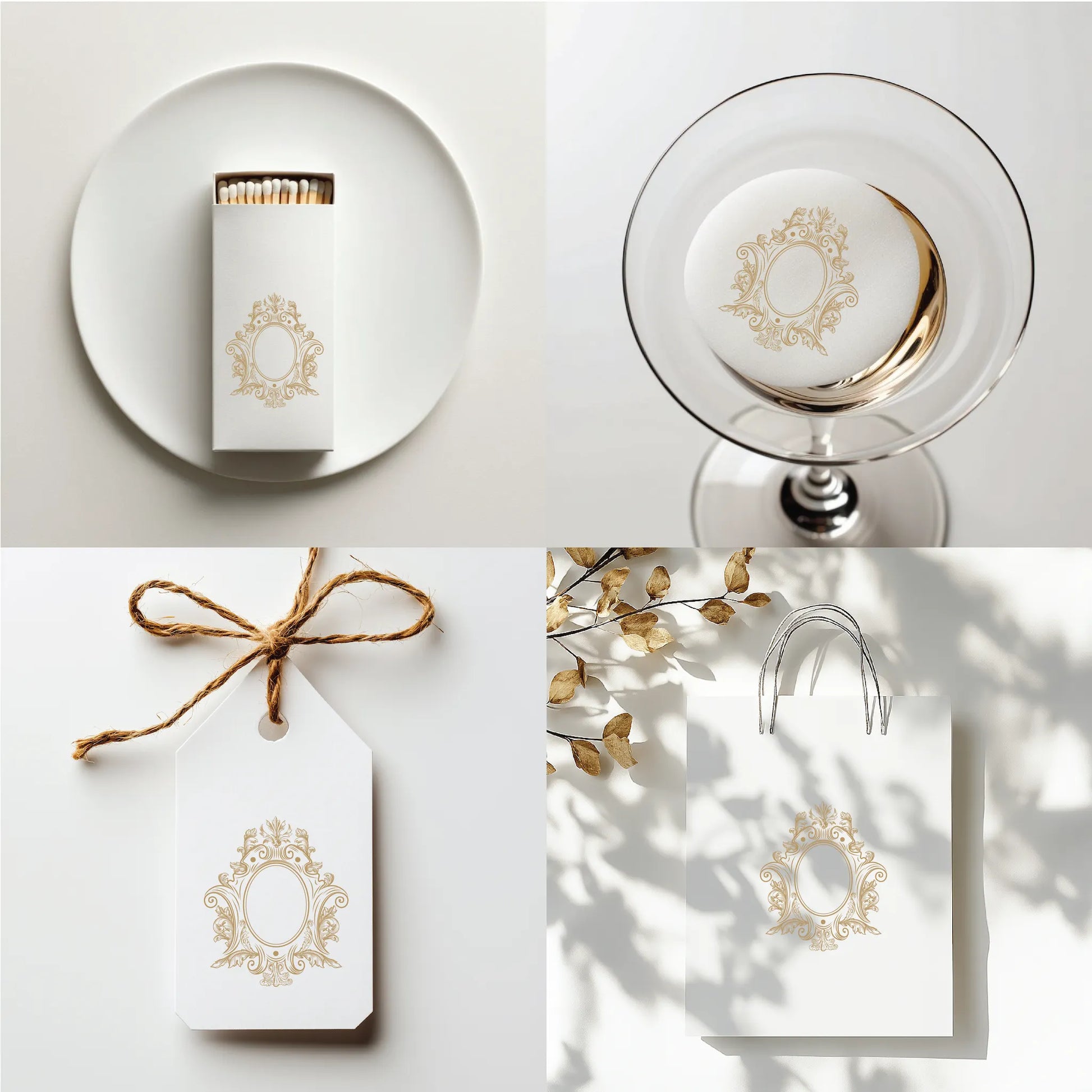 Baroque-style oval wedding crest with ornate scrolls printed on matchbox, glassware, tag, and boutique gift bag – ideal for custom wedding favors and upscale stationery branding

