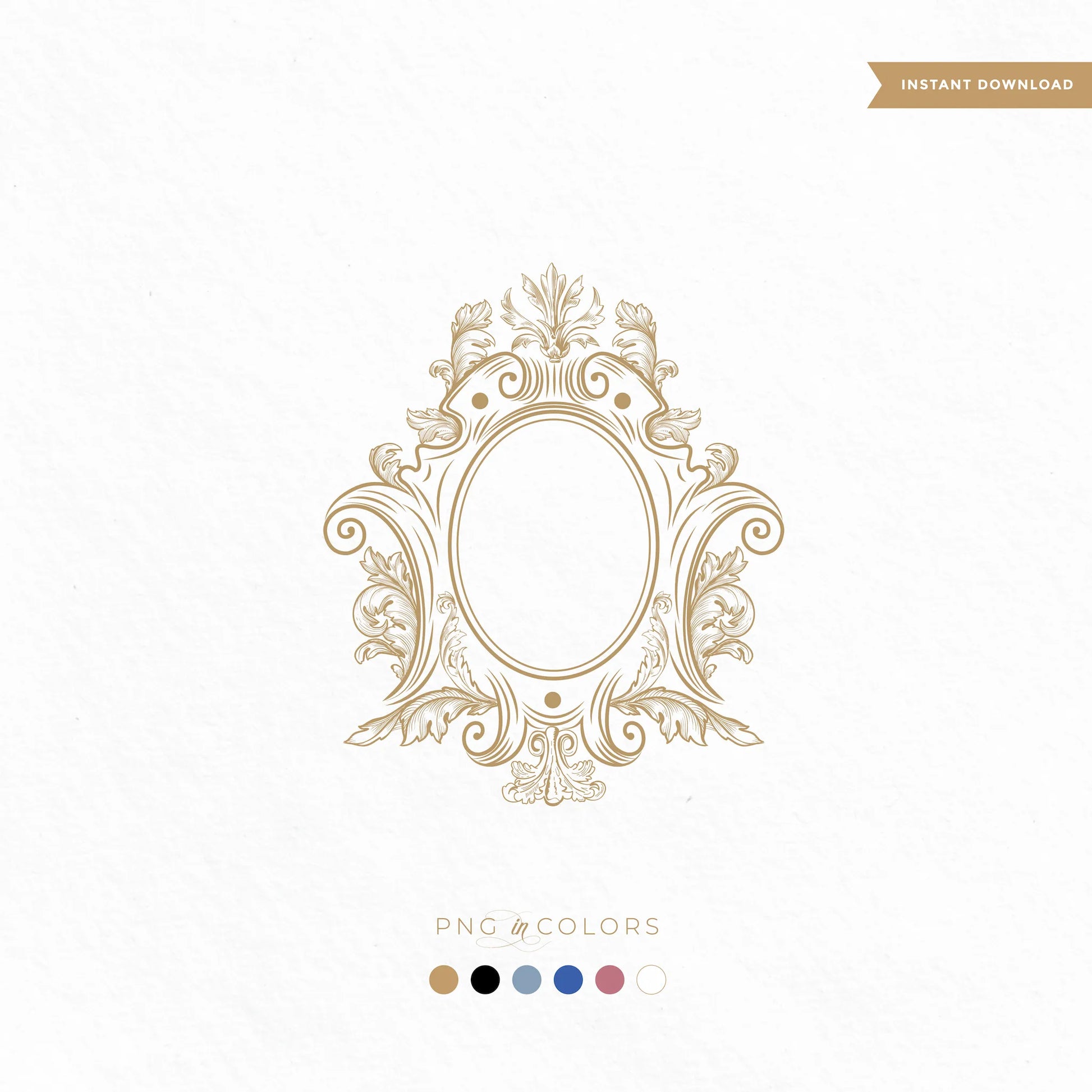Fine art baroque wedding crest SVG with scroll flourish and oval frame – gold monogram template available in PNG colors for luxury invitations and foil print designs

