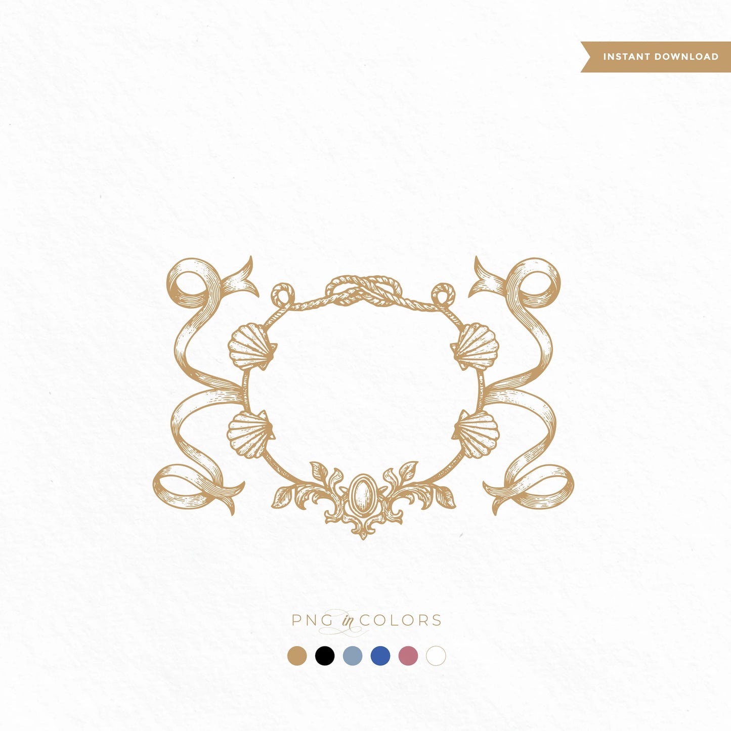 Vintage beach wedding crest logo with engraved seashells, swirling ribbons, and a knotted rope detail, ideal for tropical or coastal monogram designs in antique gold tones


