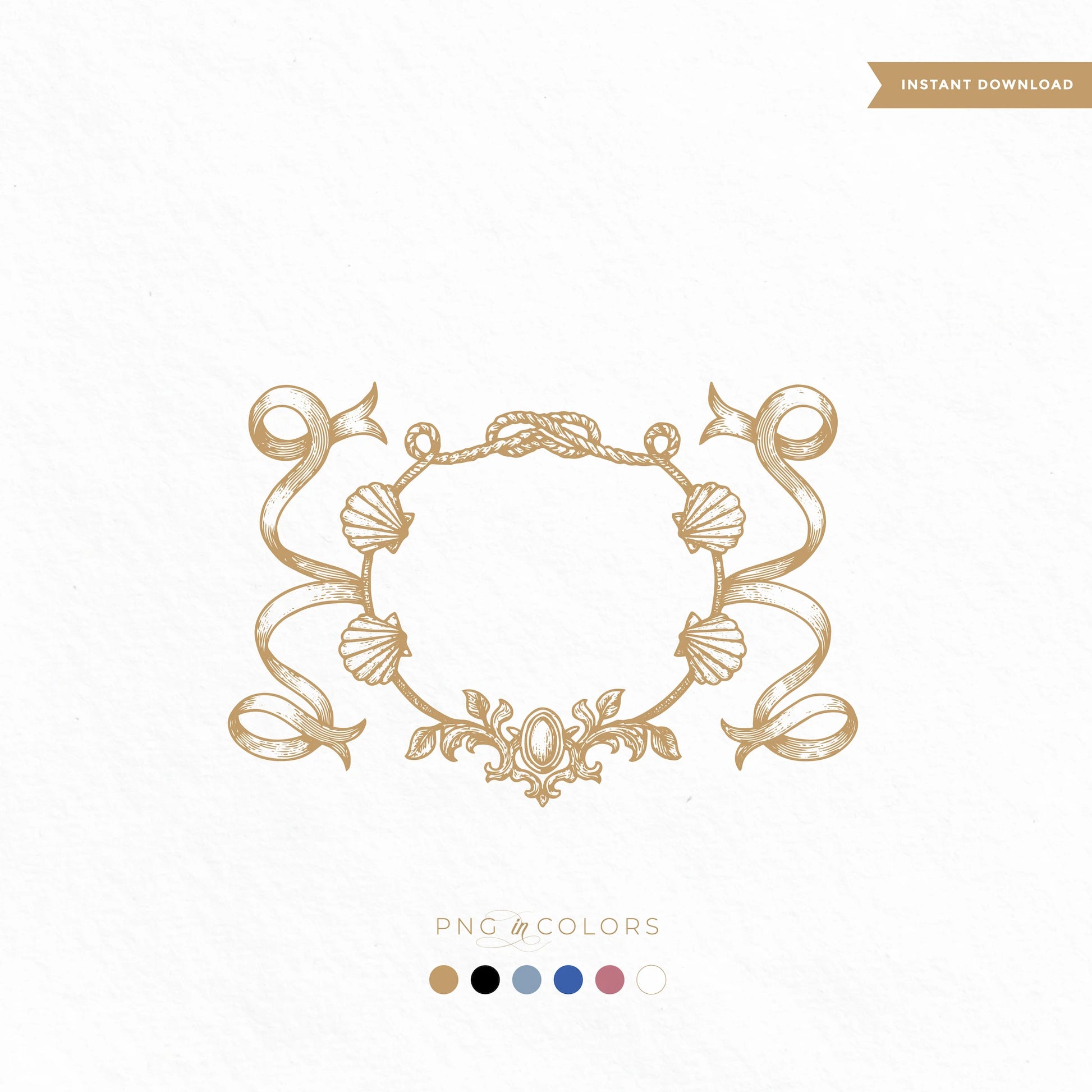 Vintage beach wedding crest logo with engraved seashells, swirling ribbons, and a knotted rope detail, ideal for tropical or coastal monogram designs in antique gold tones

