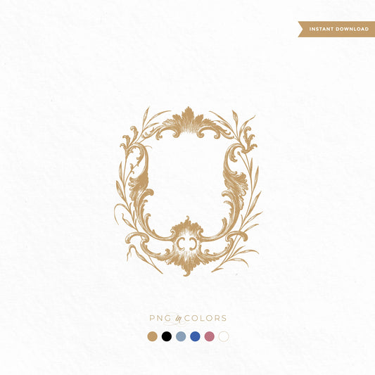 Baroque scroll wedding monogram crest SVG in gold — romantic botanical logo for invitations, branding, and artisan wedding gifts.