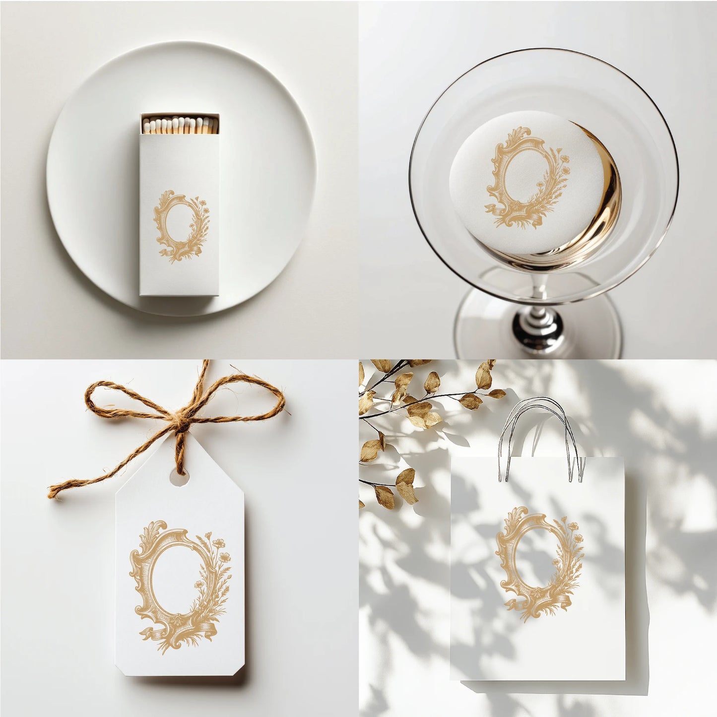 Botanical floral monogram logo used on matchboxes, drink toppers, gift tags, and shopping bags – ideal for wedding favors and custom packaging