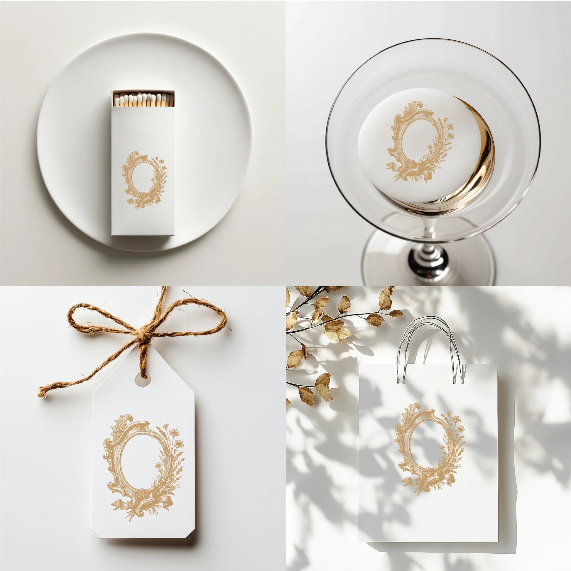 Botanical floral monogram logo used on matchboxes, drink toppers, gift tags, and shopping bags – ideal for wedding favors and custom packaging