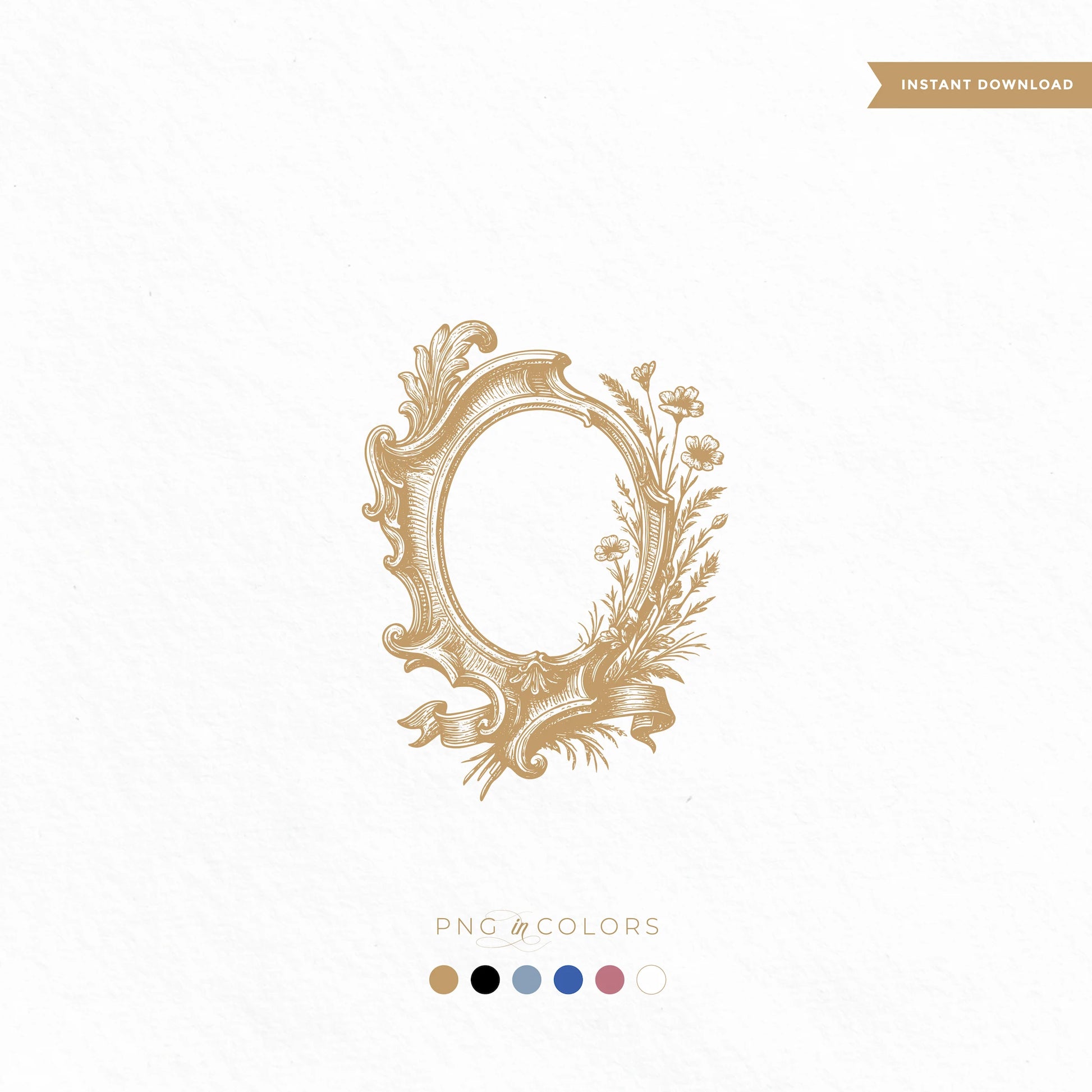 Delicate vintage wedding monogram logo with floral frame and ribbon – includes gold, black, white, blue, and blush pink PNG files for download