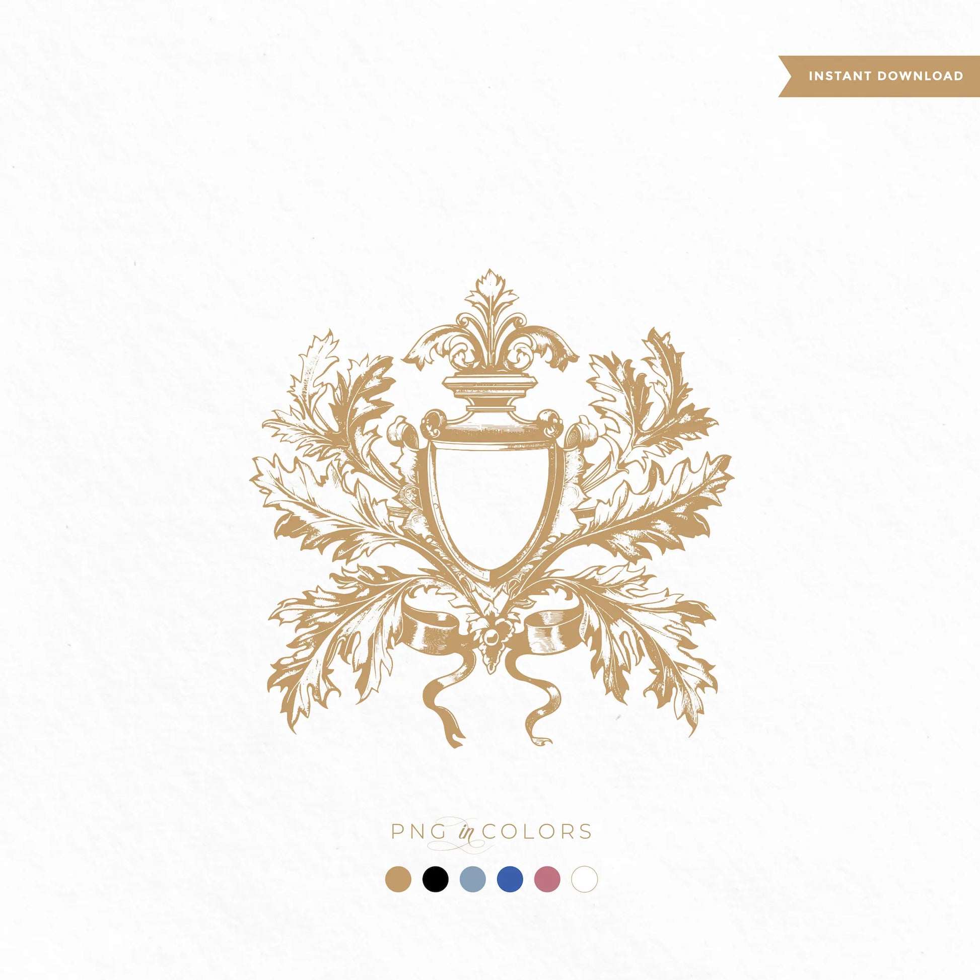 Vintage floral heraldic crest SVG with ornate shield and leaves — editable monogram logo in gold, black, dusty blue, rose gold
