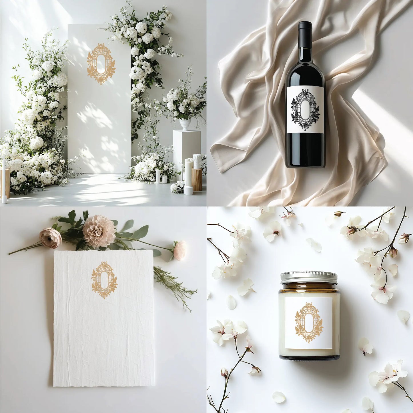 Editable lilac wedding monogram crest SVG applied to signage, wine label, handmade invitation paper, and candle jar – elegant wedding mockup