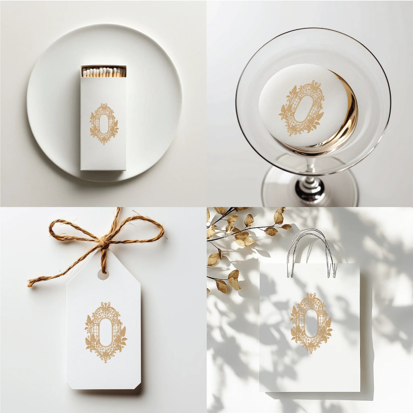 Romantic floral wedding crest logo on matchbox, glass topper, swing tag, and paper gift bag – versatile wedding logo branding mockup