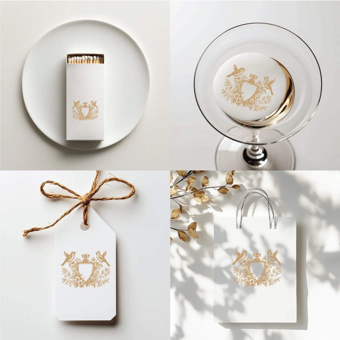 Vintage floral bird crest on wedding stationery and packaging — luxury monogram PNG for fine art wedding stationery 