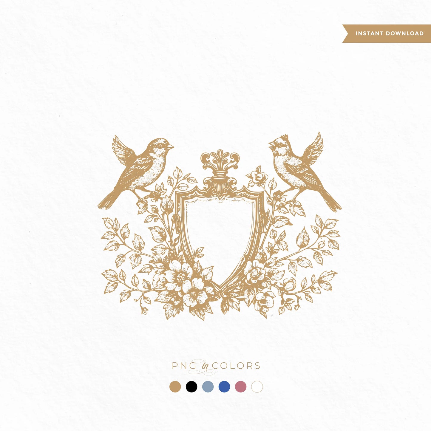 Elegant shield crest with flowers and lovebirds — romantic wedding logo design for digital download