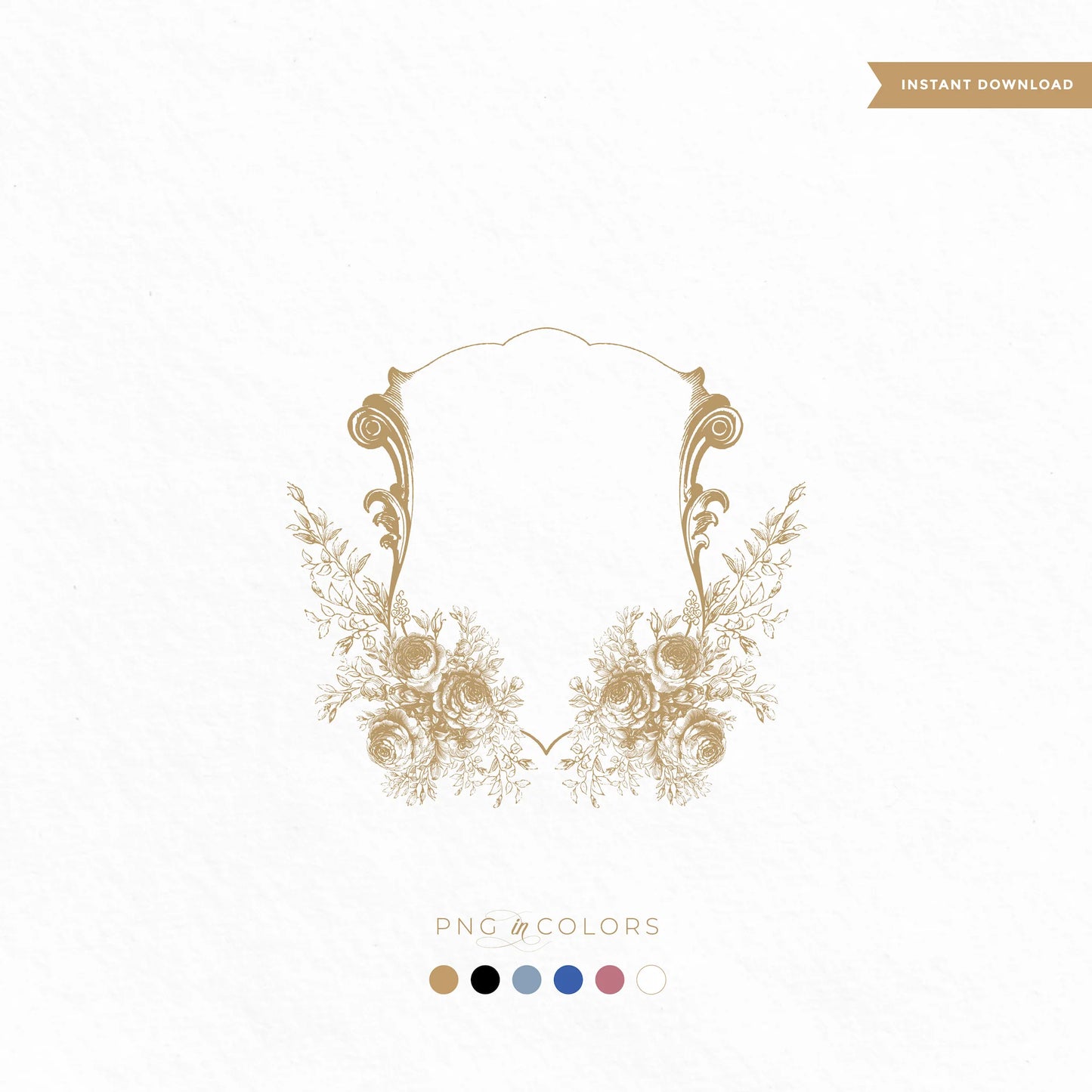 Hand-drawn vintage wedding crest with intricate rose floral design, available in gold and multiple PNG colors – elegant fine art logo for custom wedding stationery and branding

