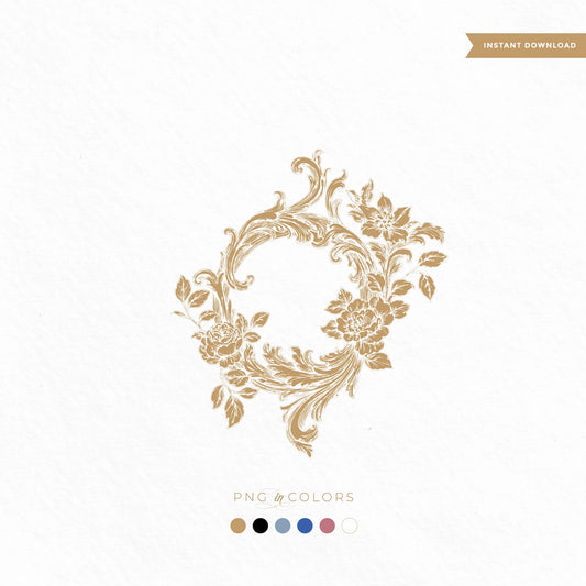 Ornate baroque wedding crest with large vintage florals and swirling frame — shown in 6 elegant colors for foiling, embossing, and romantic monograms