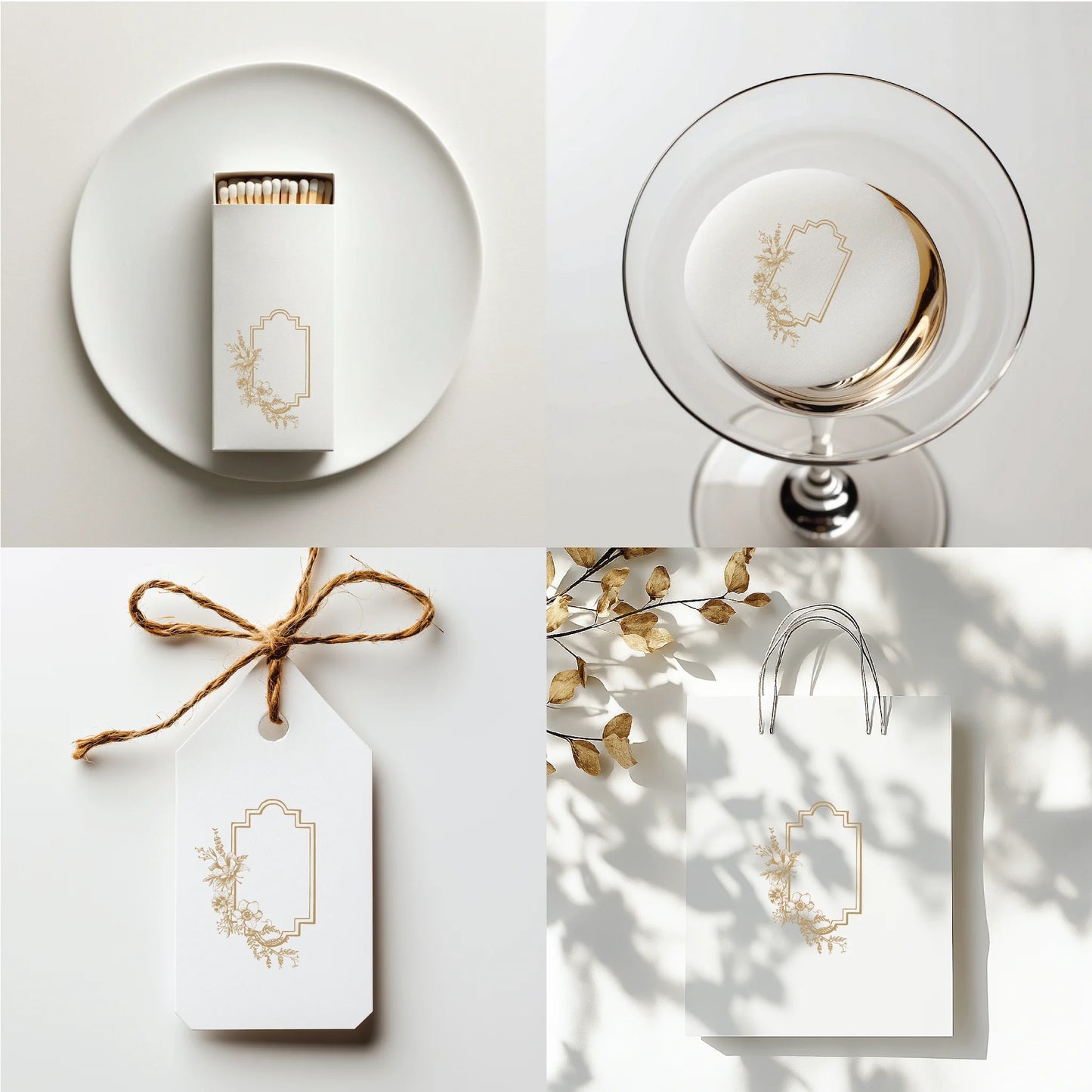 Editable vintage floral wedding crest logo used on gift tags, drink coasters, matchboxes, and shopping bags — minimalist botanical boho wedding branding examples