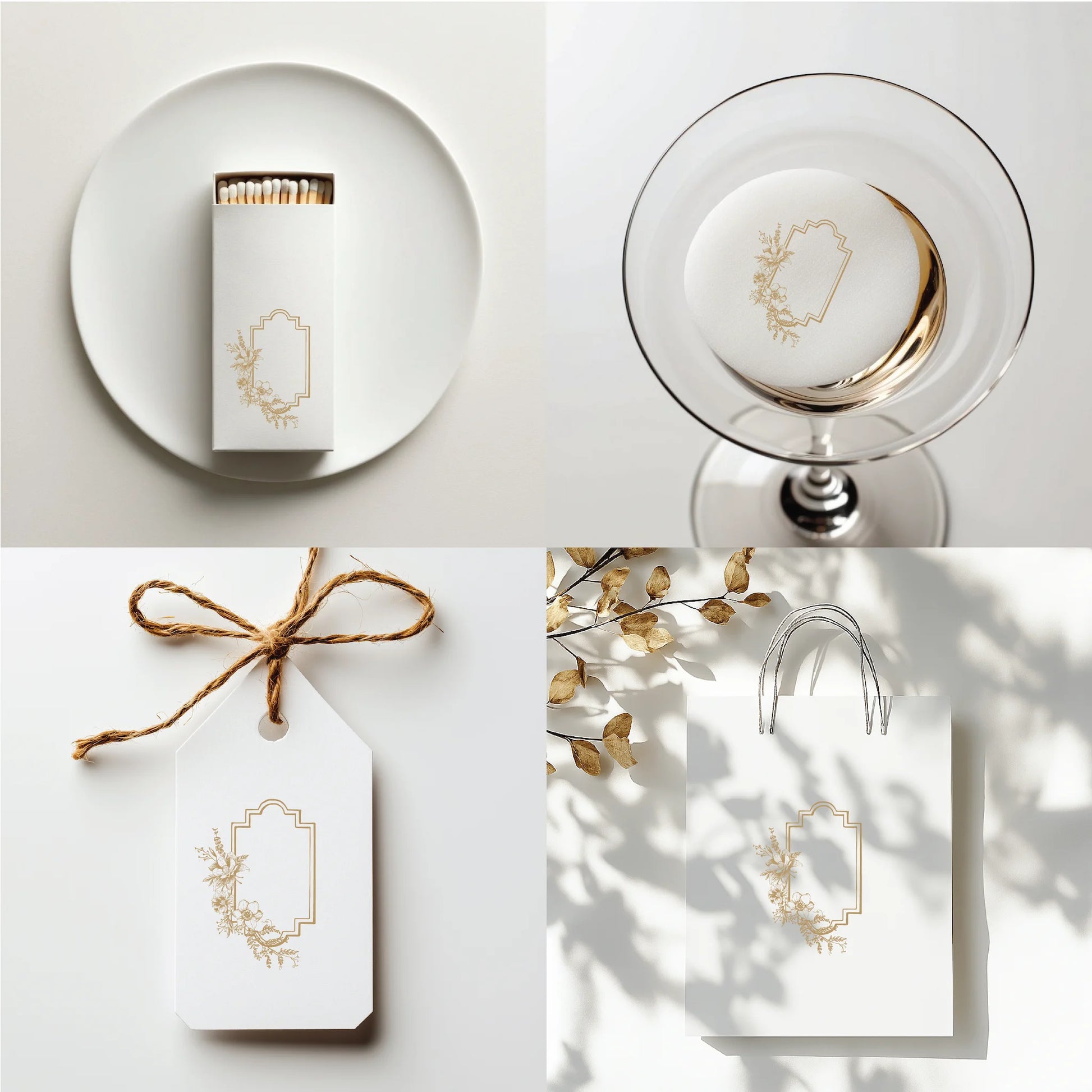 Editable vintage floral wedding crest logo used on gift tags, drink coasters, matchboxes, and shopping bags — minimalist botanical boho wedding branding examples