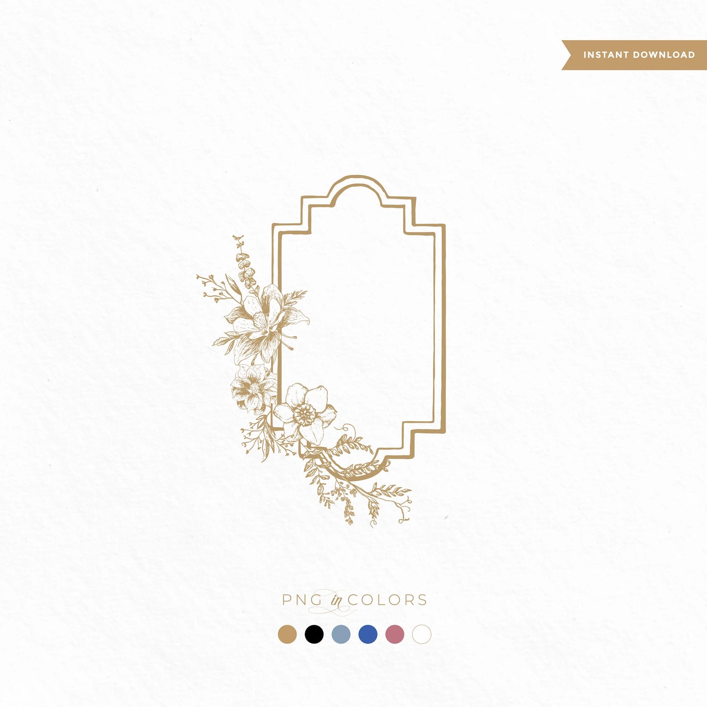 Close-up of chic boho floral wedding logo in gold, with botanical line art crest and 6 color PNG palette — digital download SVG for invitations and keepsakes