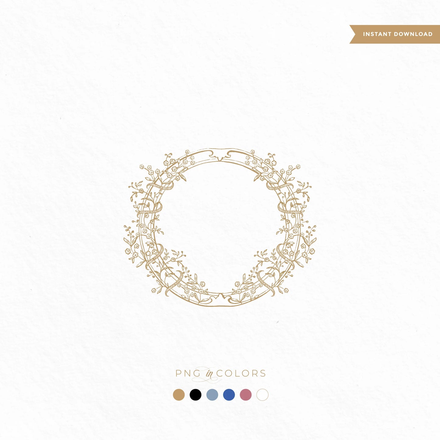 Delicate circular floral monogram crest in gold with fine botanical line art and ribbon detail – available in SVG and PNG for wedding invitations, signage, and foil printing