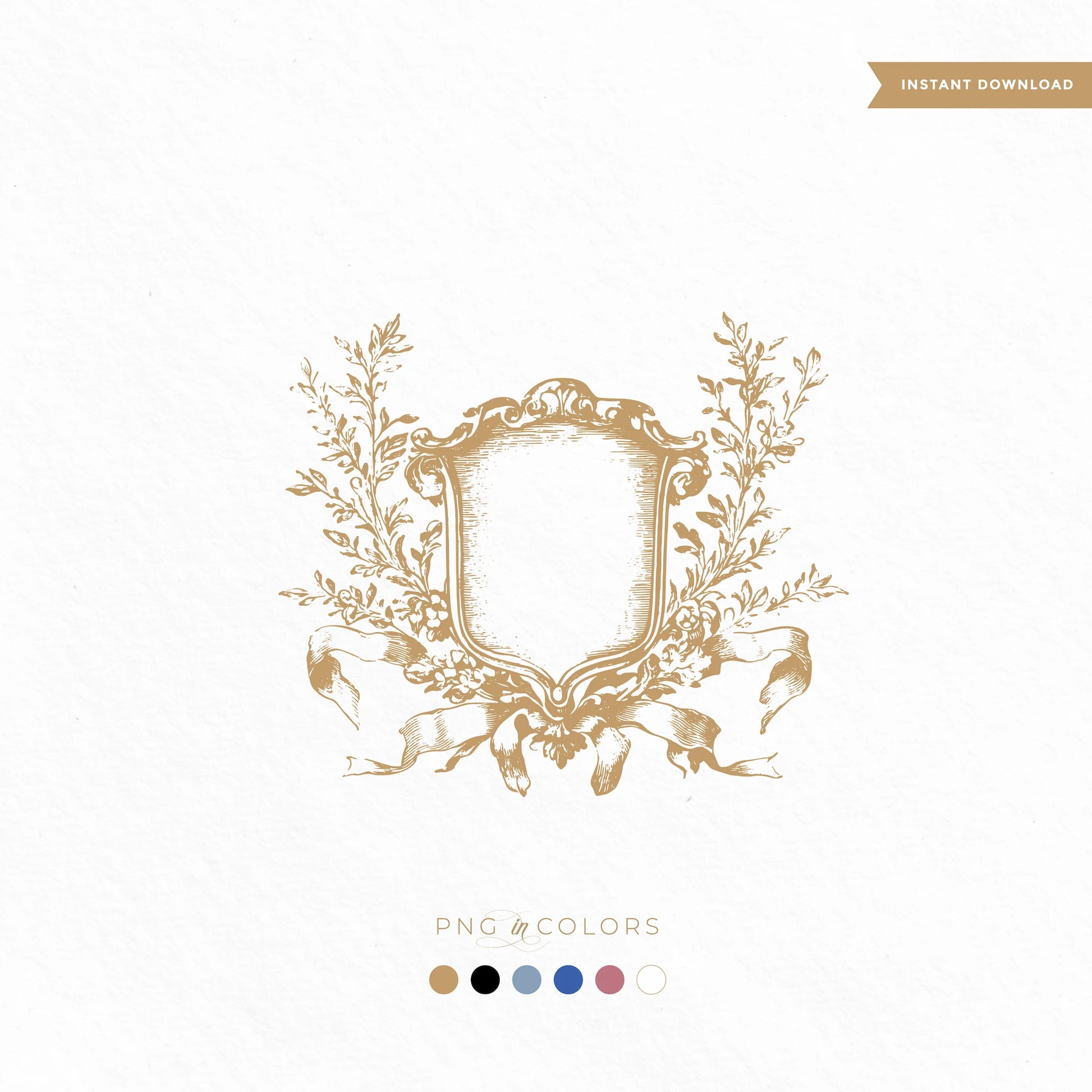 Ornate rococo-style wedding crest frame with botanical flourishes and ribbon in gold — digital download logo in multiple PNG colors for luxury weddings