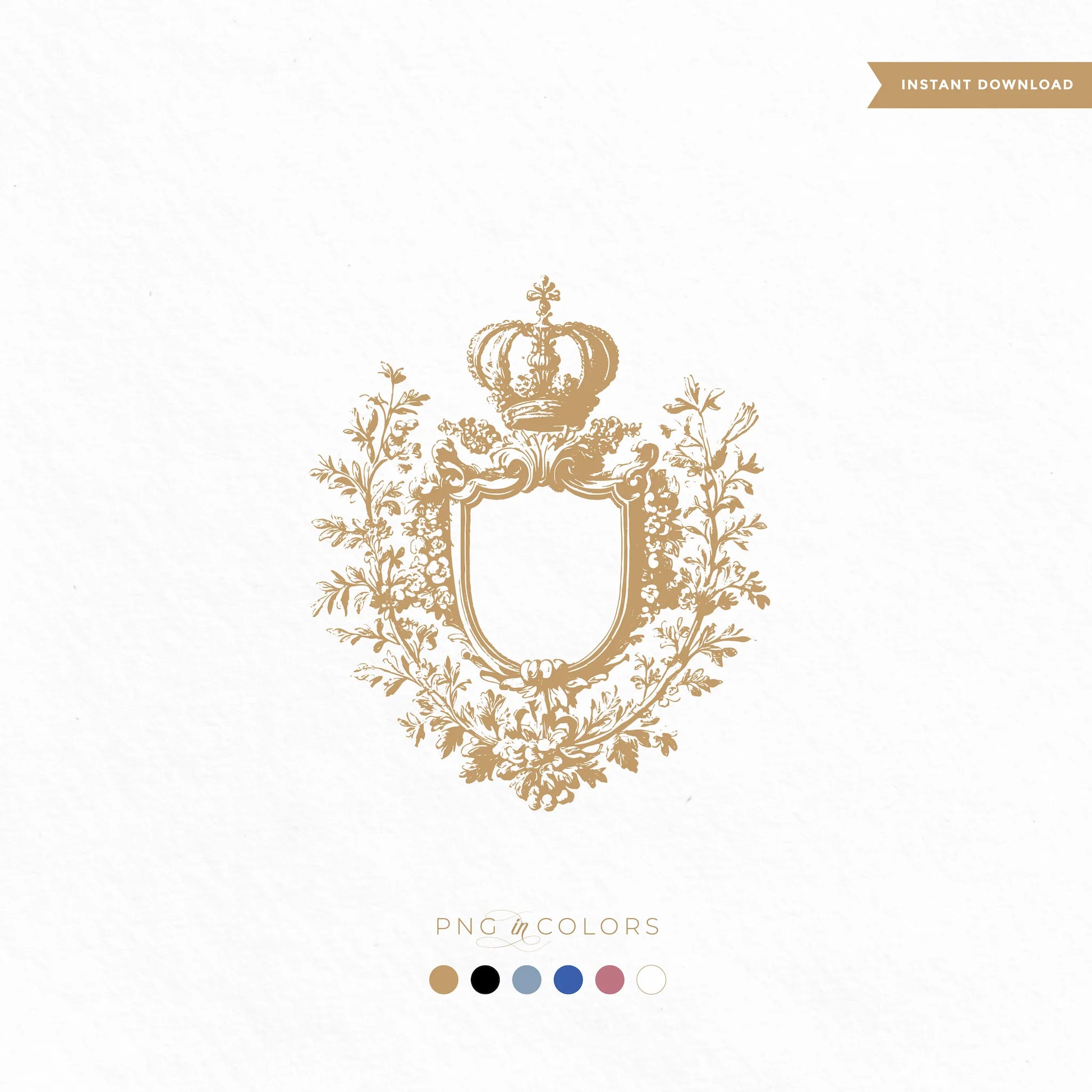 Baroque French wedding crest with crown and floral engraving, vintage luxury logo in gold and pastel PNG colors.

