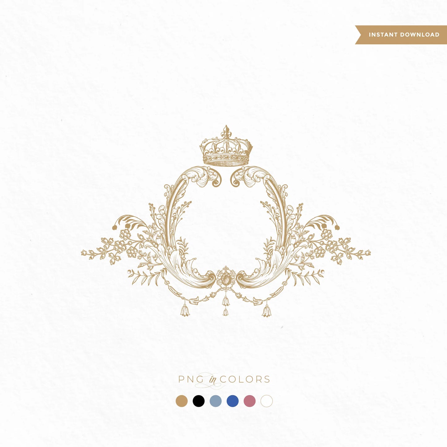 Luxury vintage wedding crest with floral crown monogram in gold on textured white background — fine art logo design for wedding invitations and print-ready branding
