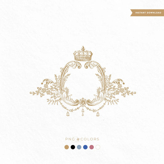 Luxury vintage wedding crest with floral crown monogram in gold on textured white background — fine art logo design for wedding invitations and print-ready branding
