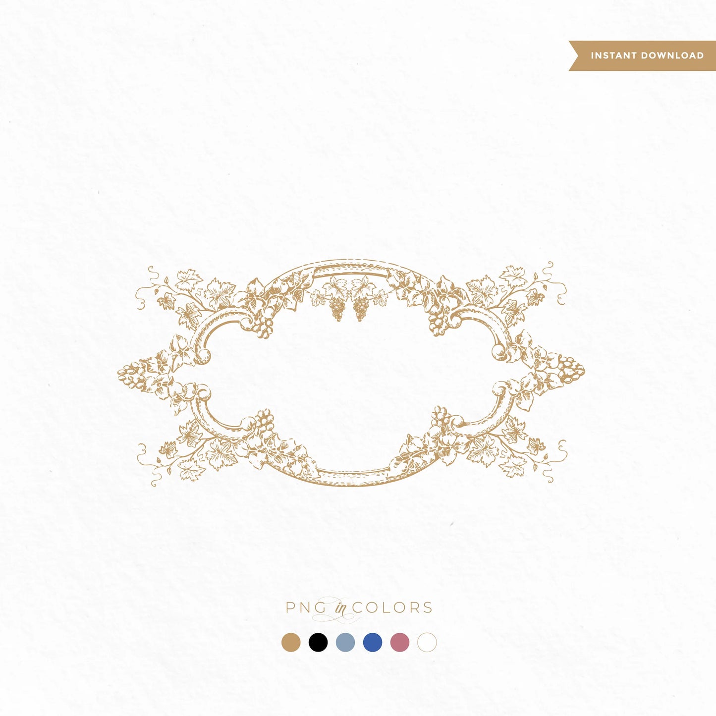 Vintage grapevine wedding crest SVG — editable vineyard monogram frame in gold, black, and pastel PNG for print and digital use