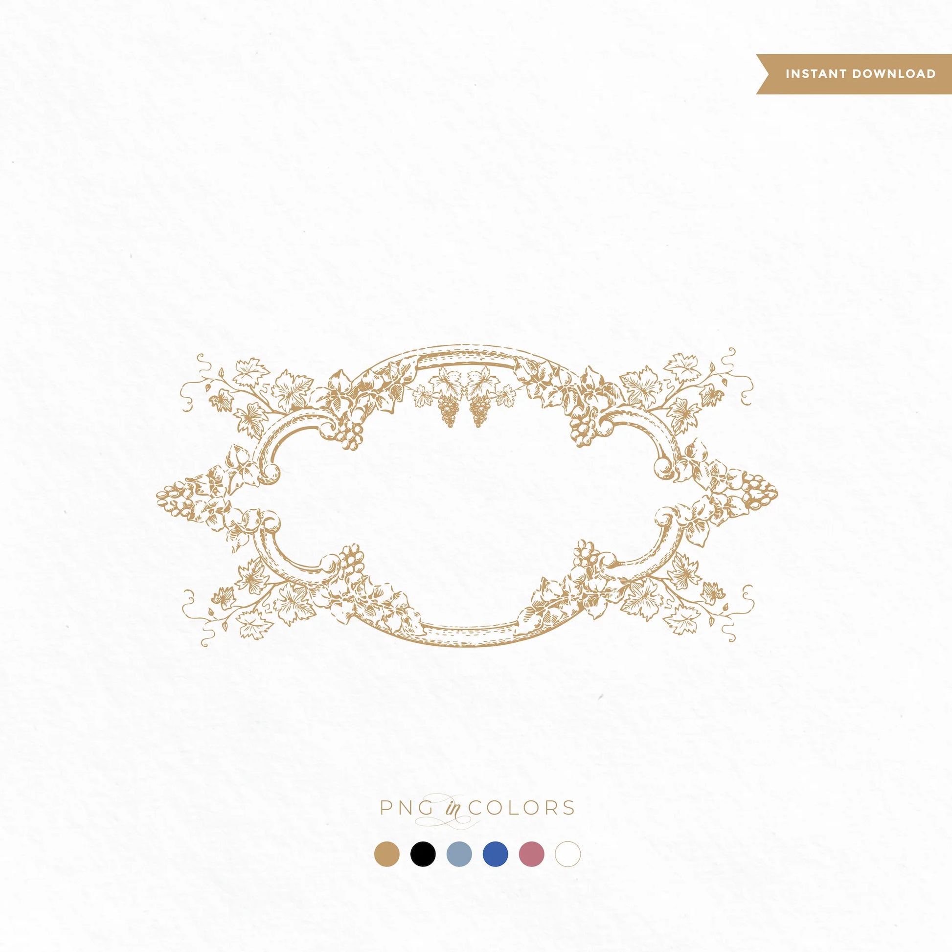 Vintage grapevine wedding crest SVG — editable vineyard monogram frame in gold, black, and pastel PNG for print and digital use