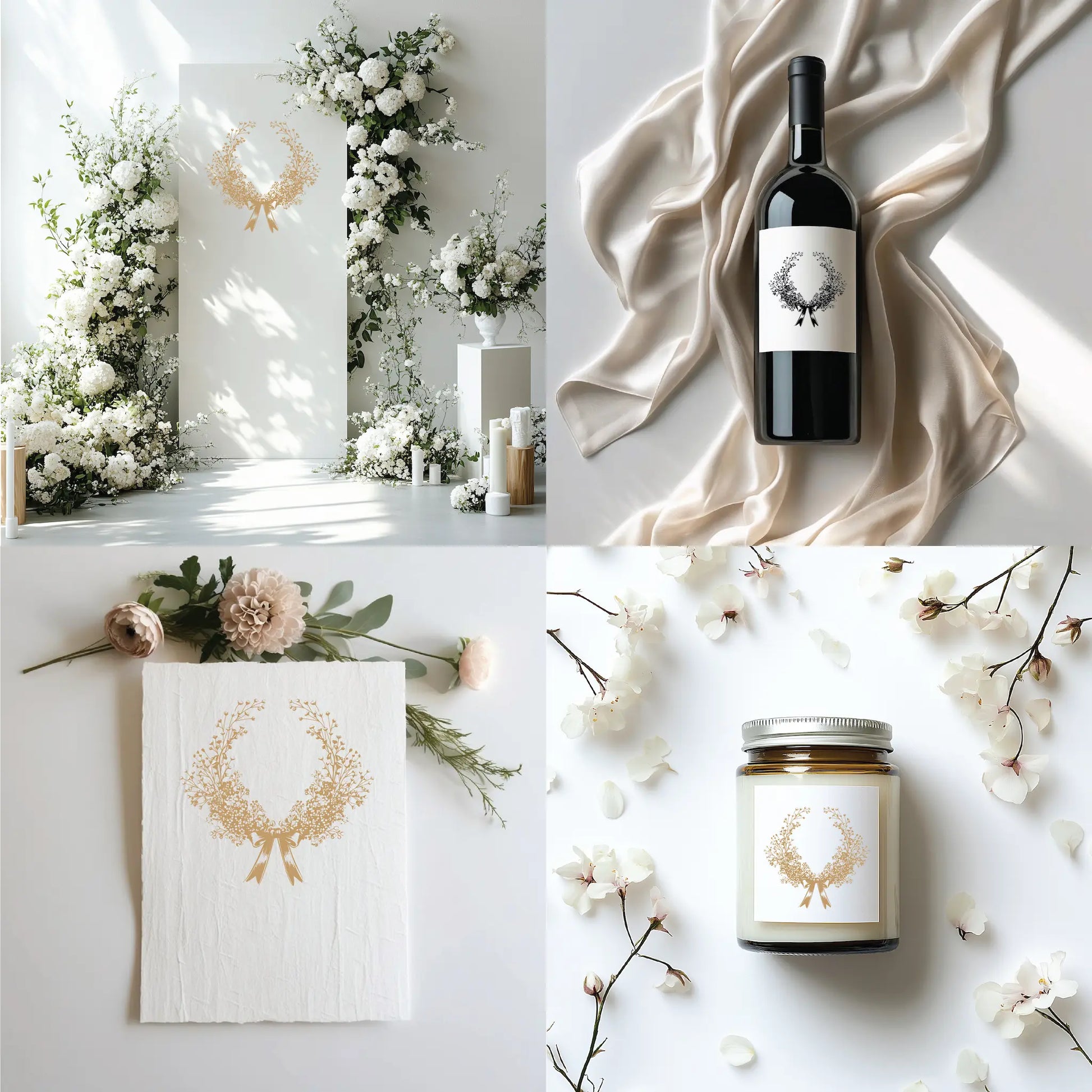 Elegant baby’s breath wedding crest used on ceremony signage, wine bottle label, vow book, and candle jar – botanical logo for romantic spring events