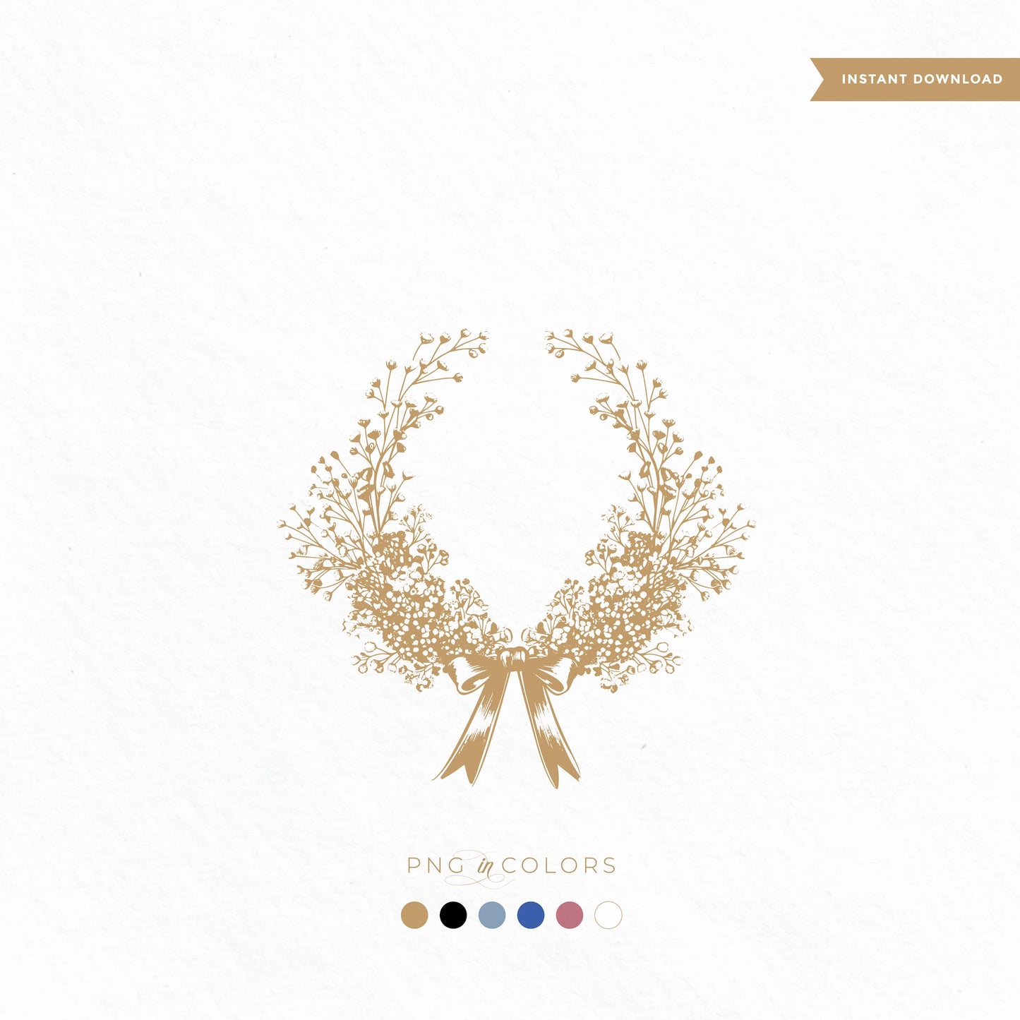 Vintage baby’s breath floral crest SVG with bow, shown in six colors – editable wedding logo PNG and vector download for invitations and keepsakes